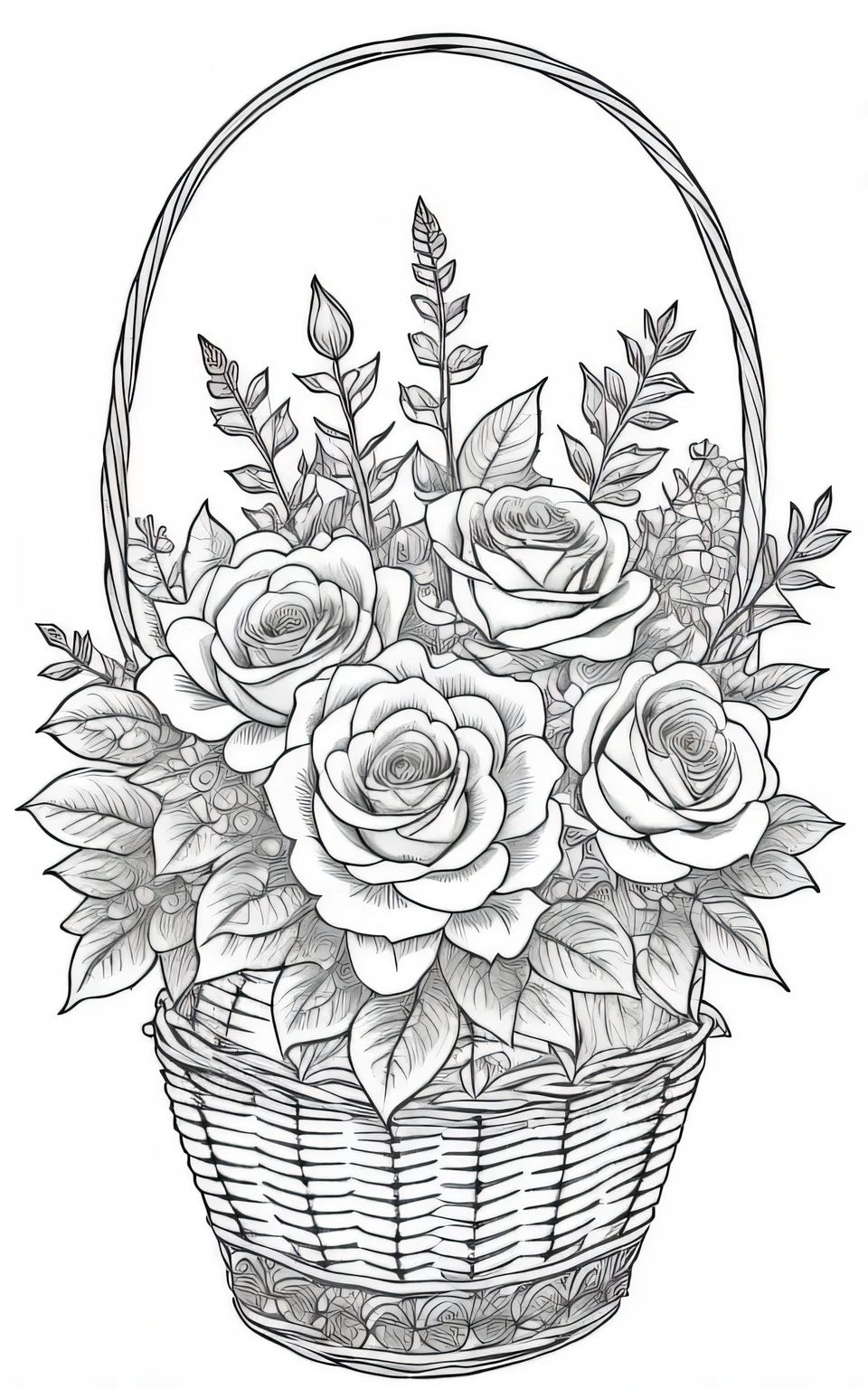 a black and white drawing of a basket with roses, flowers with intricate detail, black and white color only, coloring book style, highly detailed linework, intricate flower designs, perfect pen and ink line art, sketch black and white colors, intricate line drawings, pen and ink style, coloring book outline, coloring pages, intricate line drawing, black and white detailed sketch