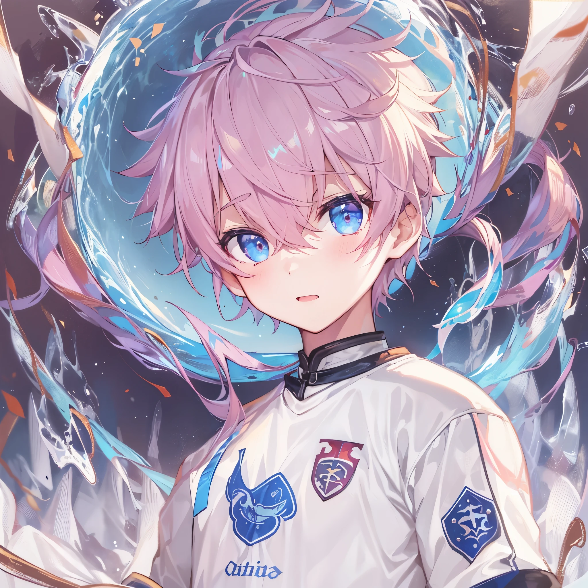 (1boy, masculino),uniforme de futebol, aquamarine eyes, Campo de futebol, astolfo fate short hair, crown over the head