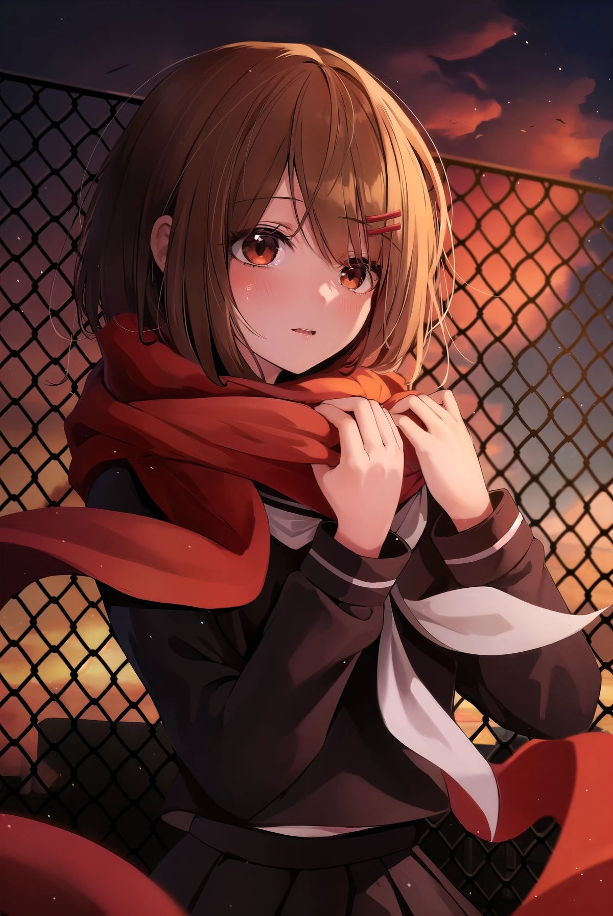 Anime girl with a scarf on her neck standing in front of a fence, anime style 4k, anime image of a cute girl, female main character 👀 :8, an Anime girl, anime style portrait, portrait Anime girl, cute Anime girl, Anime girl, young Anime girl, (Anime girl), hd Anime wallpaper, Anime wallpaper, anime Mo artstyle