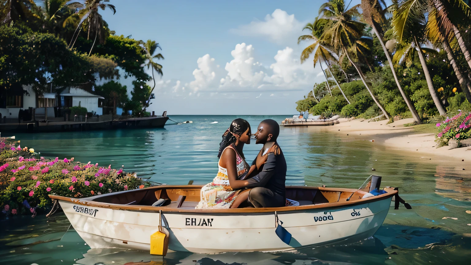 A man lying in a small boat next to a pier, the boat is covered in colorful flowers, in the background a beautiful sea and an island, an African couple looking in love, lovers, love in the air 3d , Hollywood film, Epic
