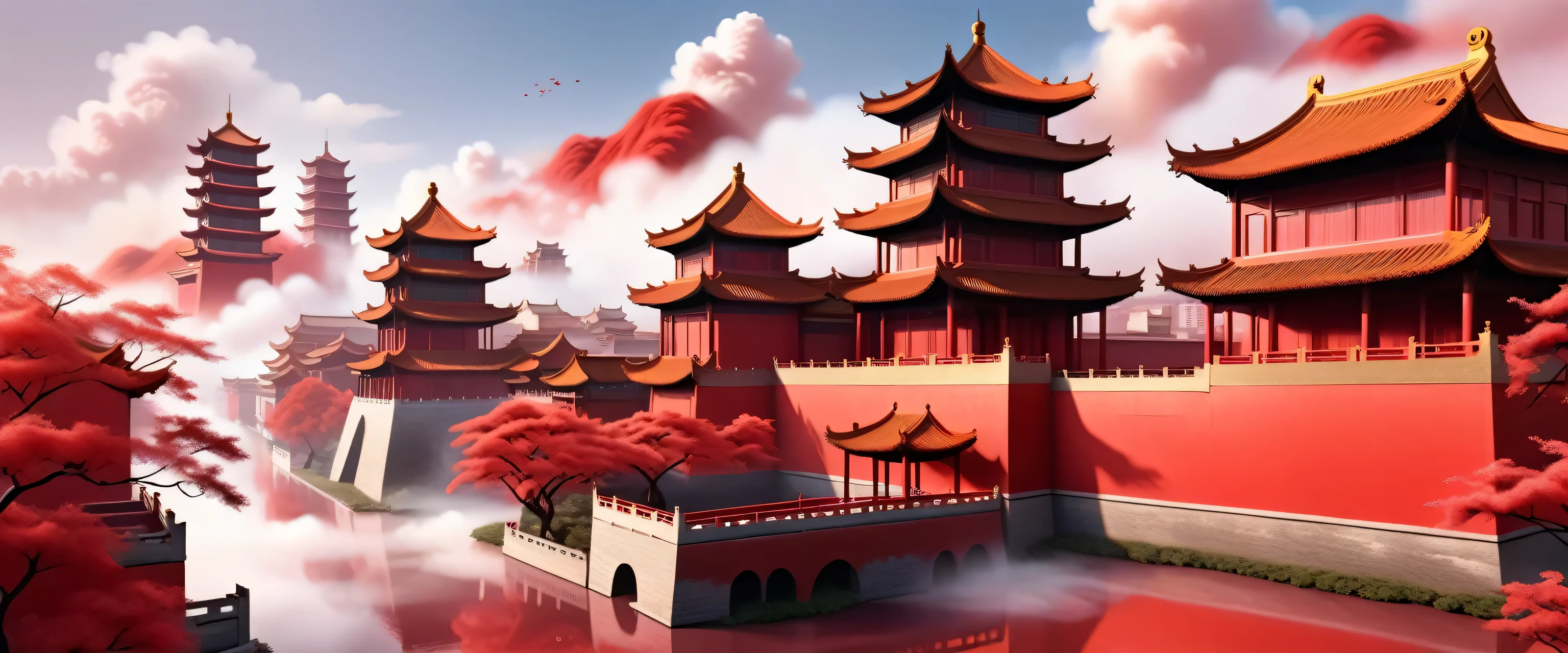 the view of the city。Chinese style buildings，Chinese-style complex，There is a tower，There are palaces，red wall；Decorated with clouds and mist；red tint。Clothing angle。3d。8K，Ultra clear illustration。Lighting rendering，Enhance texture。