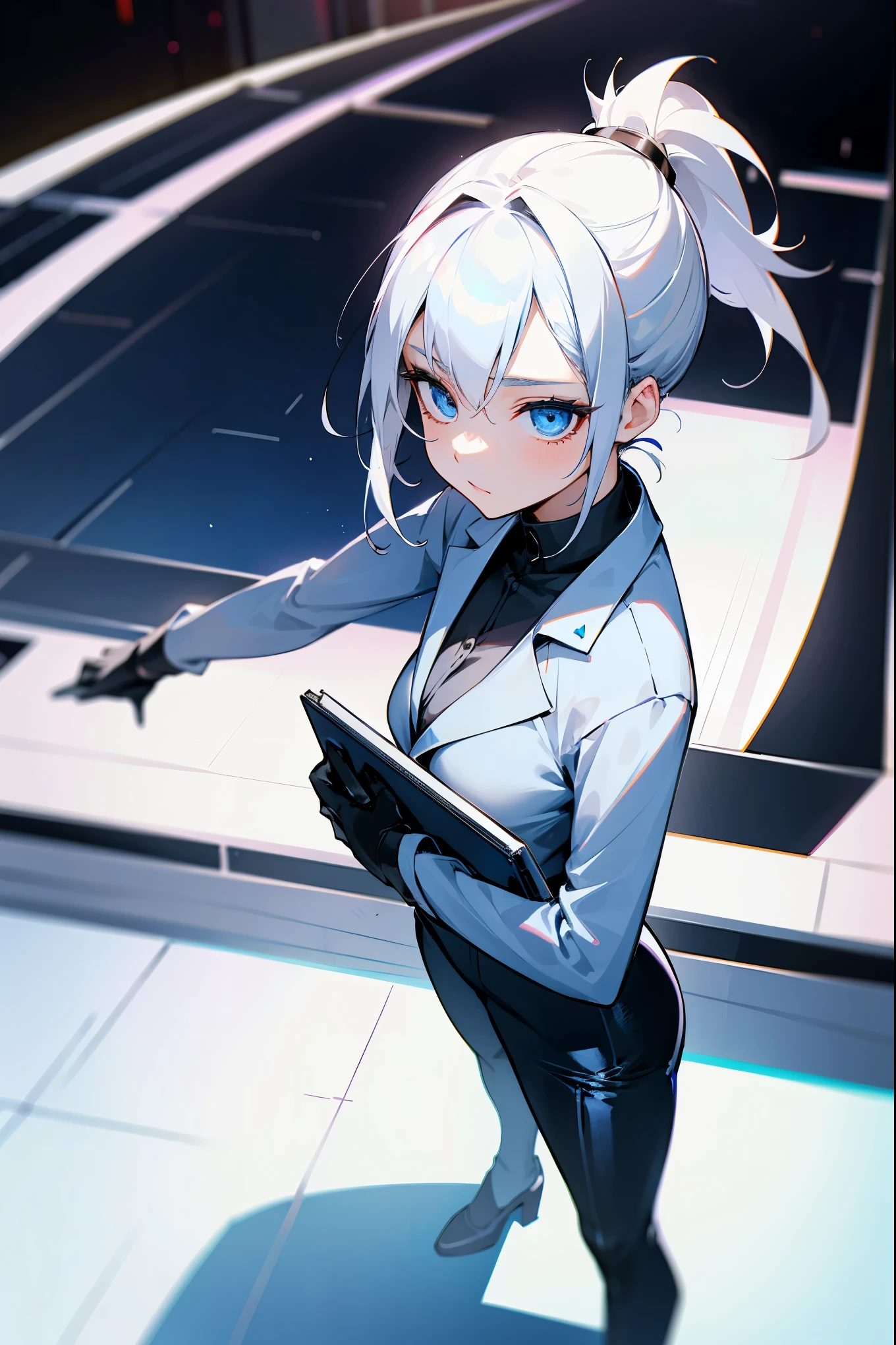 1female, white hair, ponytail, blue eyes, black and white pantsuit, clip board, infront of board, detailed background, standing on stage