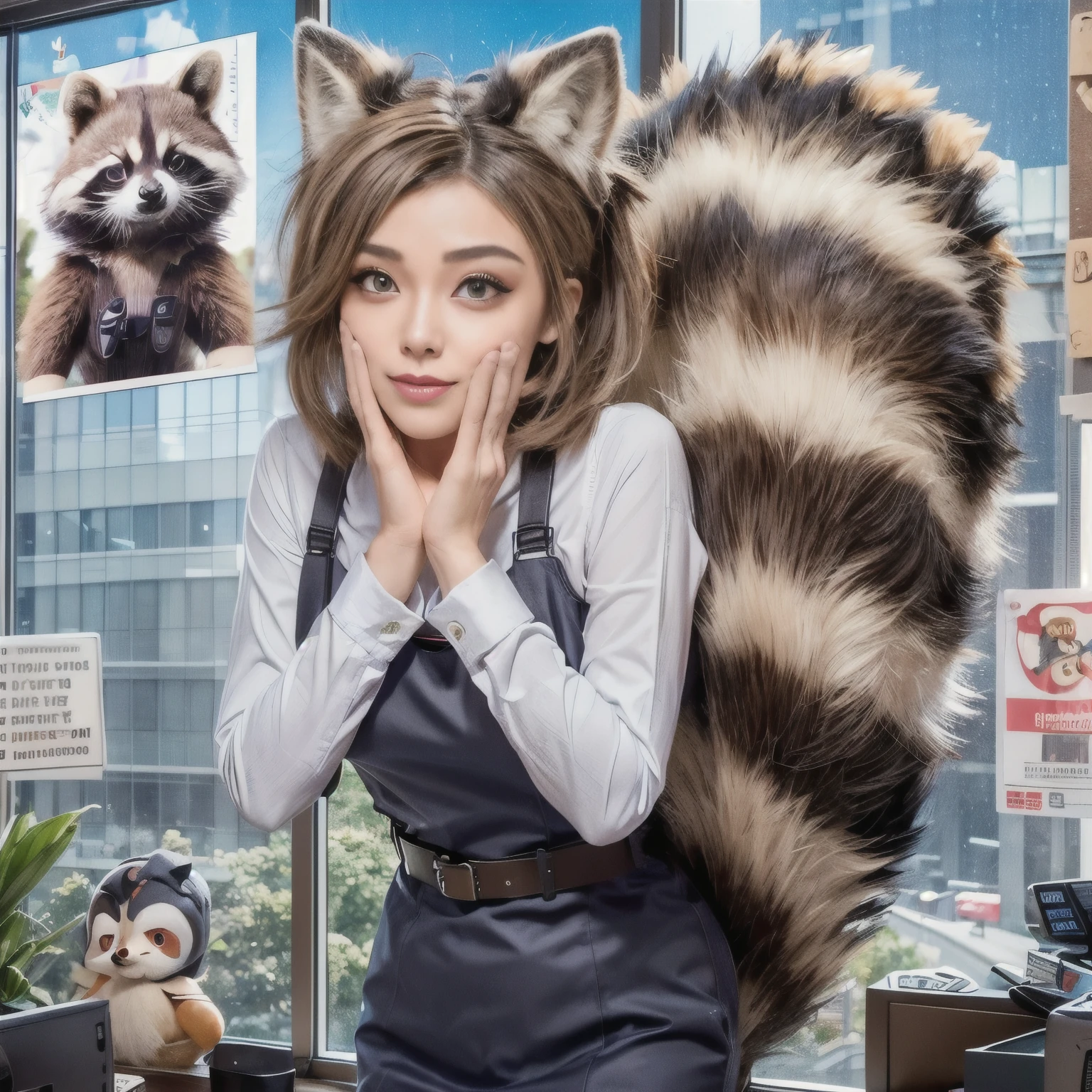 A woman with a raccoon tail in the office, anthropomorphic raccoon, raccoon, in zootopia city, software version, high quality fan art, Zootopia Style, (software) safe for work, Realistic anime 3d style, detailed fan art, extremely detailed raccoon, raccoon, giant art, official fan art, photograph, highest quality