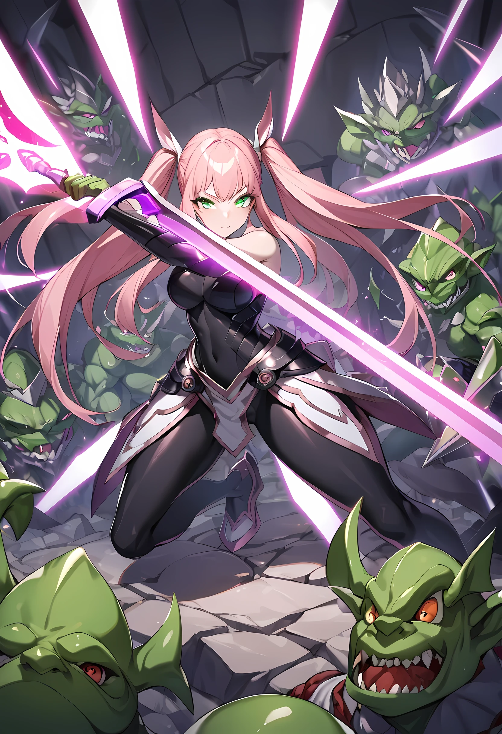 1girl, solo, gorgeous anime warrior maiden, toned porcelain skin, piercing green eyes, long pink twintail, hair flowing, slender but curvy, black armor, wielding plasma sword, (battling horde of goblin monsters),stone dungeon, striking triumphant pose purple crypto tokens shimmering around, 16k, fantasy, high resolution