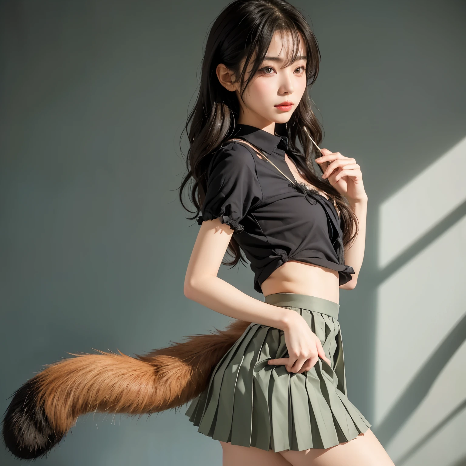 Girl with a furry tail ,赤狐のようなtail, tail, collared shirt,table top, 最high quality, figure, Ultra-detailed, finedetail, High resolution, 8k wallpaper, 完璧なダイナミックな構figure, Beautiful detailed eyes,Full body shot,Show me your whole body、thin and transparent、long hair, ,crying face,Harajuku、20 year old girl、eyeliner、beautiful bangs、hair between eyes、最high quality、ultra-detail、film light、tail、High resolution、tail))、detailed background、8KUHD、Digital single-lens reflex camera、soft light、high quality、film grain、Fujifilm XT3 、shallow depth of field、natural soft light、Kamimei、I looked at my knees., sexy shot looking at camera、on the leg、Full body shot facing the camera、Turn around and touch the tail that grows from your butt.、(The growing tail lifts up the pleated skirt.:1.9)、(small breasts:1.9), (Thick and bushy red fox tail:1.9)、(A tail extends from the coccyx:1.9)、(Stick your butt out to the camera and show the tail growing out of your butt:1.9)