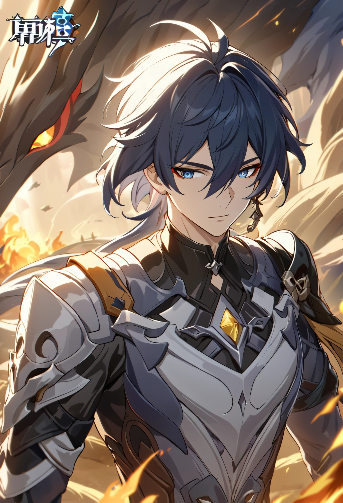 ((solo)), (man), dark blue eyes, raven blue hair, medium hair, a close up of a person with a spear in a desolate land surrounded by demons and monsters, a burning field, detailed key anime art, honkai star trail character, casimir art, masamune shiro, masamune, handsome guy in demon slayer art, genshin, heise jinyao, shadowverse style, (no logos), detailed knight armor, eye reflection, depth of field, cinematic lighting, ray tracing, depth of field, cinematic lighting, ray tracing, UHD, high details, best quality, highres, high quality, award winning, super detail, masterpiece, 8k, UHD, high details, best quality, highres, high quality, award winning, super detail, masterpiece, 8k