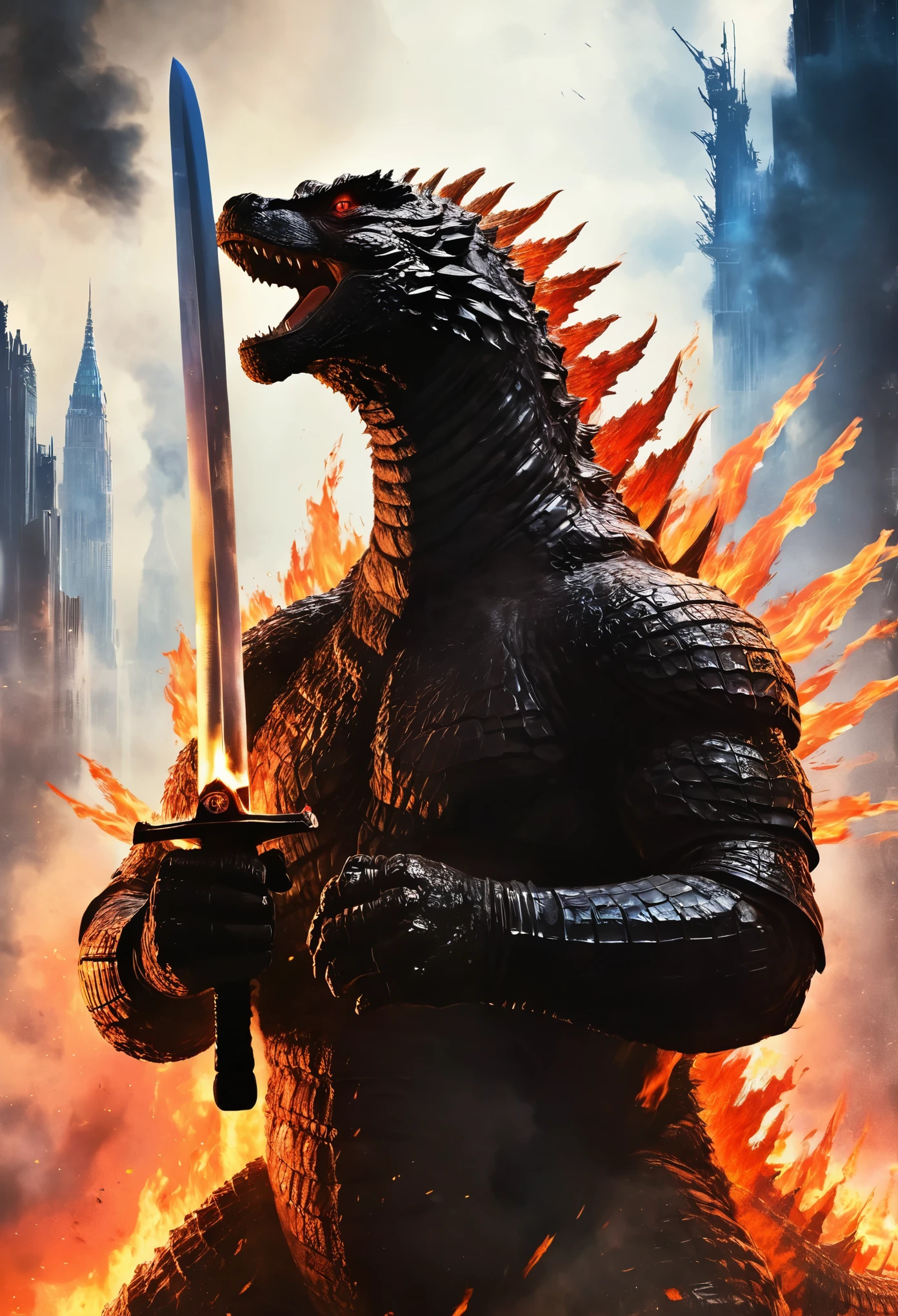 godzilla，Sword in both hands，Ready to fight，dystopian background，airplane，，flame，smoke of gunpowder