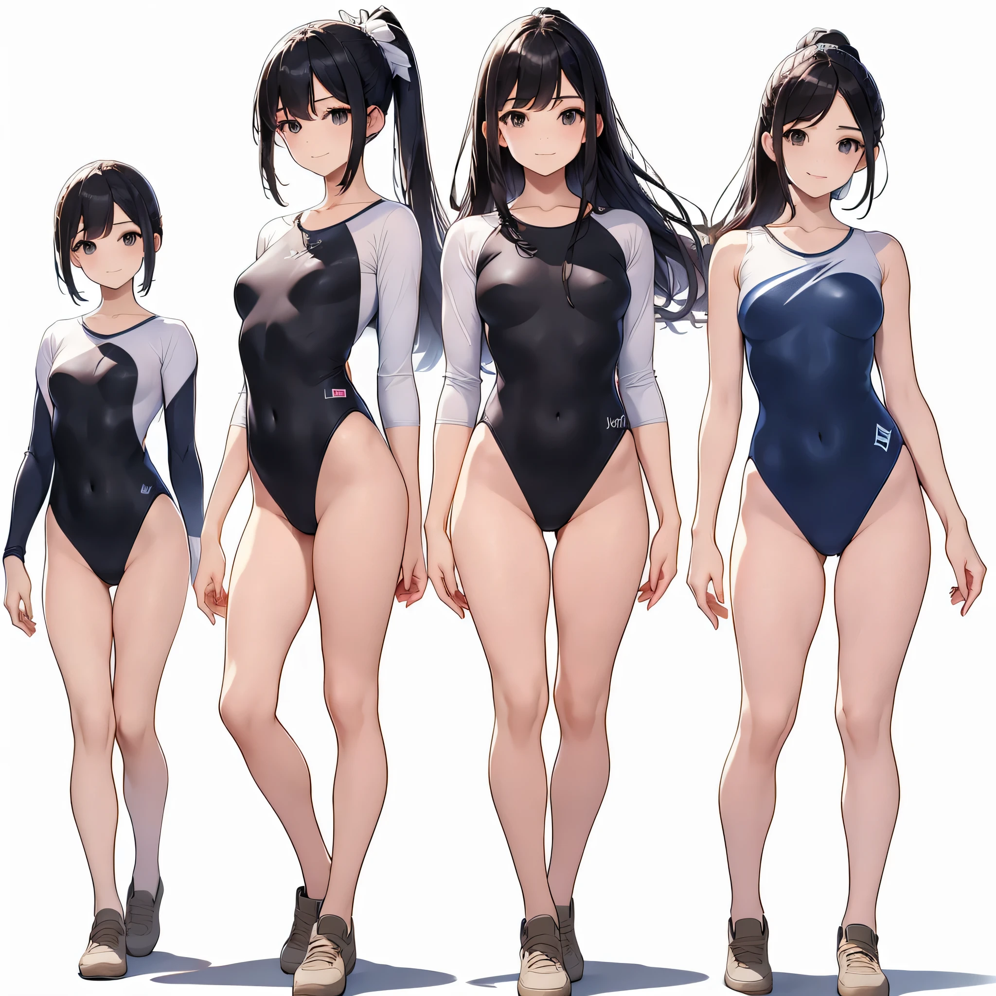 ((full body)),(masterpiece, best quality), (3 girls1.5) ,((Contrapposto:1.5)), looking at viewer, walking,((v_arms:1.2)), wearing gymnastics_longsleeves_leotard_outfit leotard:1.3),(black leotard) ,(solid leotard:1.3), BREAK masterpiece black hair, ((long hair:1.2)), ((parted bangs:1.3)), black eyes, good hand, ((small breasts)), (over 20 years old, under 25 years old:1.2), , spotlight, happy, smile, BREAK in the class room