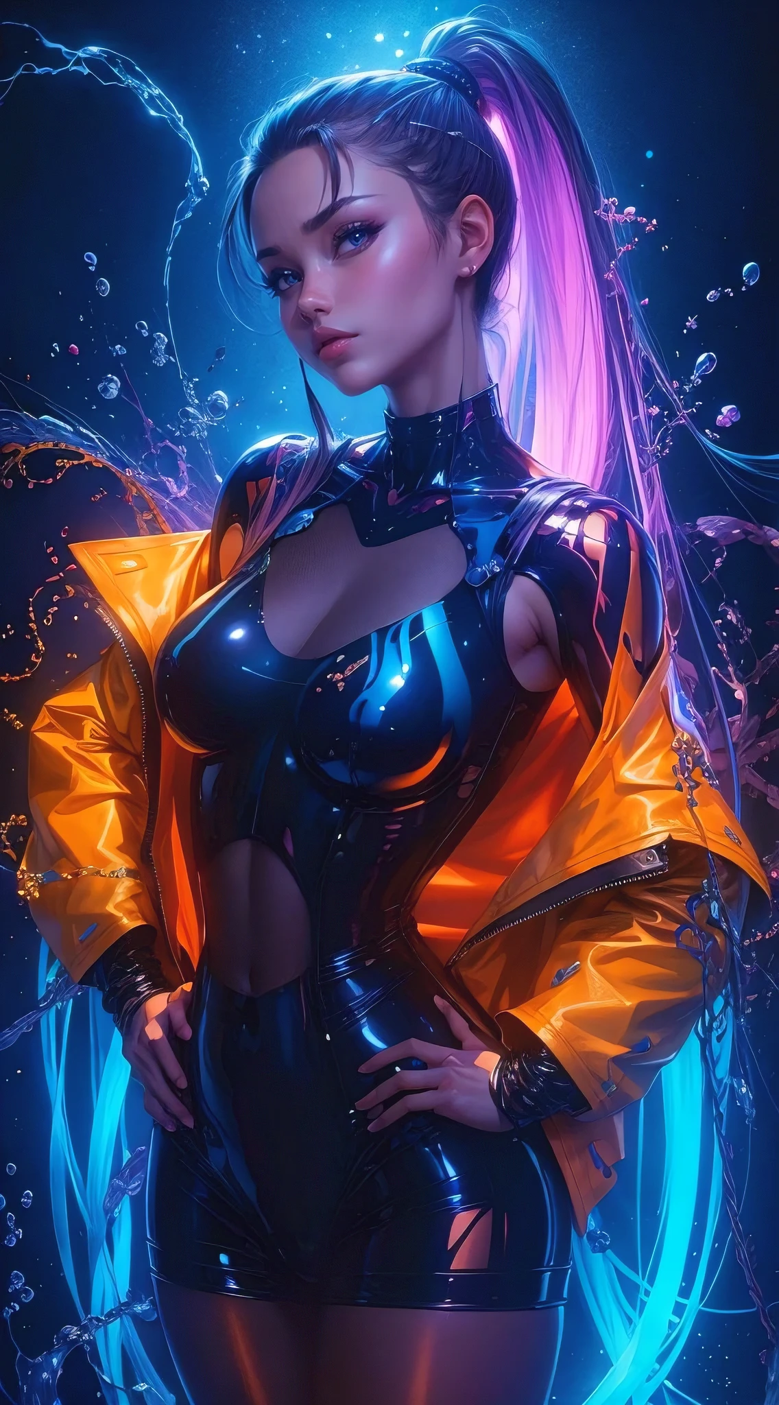 (best quality, masterpiece:1.2), illustration by stanley lau (artgerm) and hajime sorayama, perfect body, hyperfeminine curves, detailed background