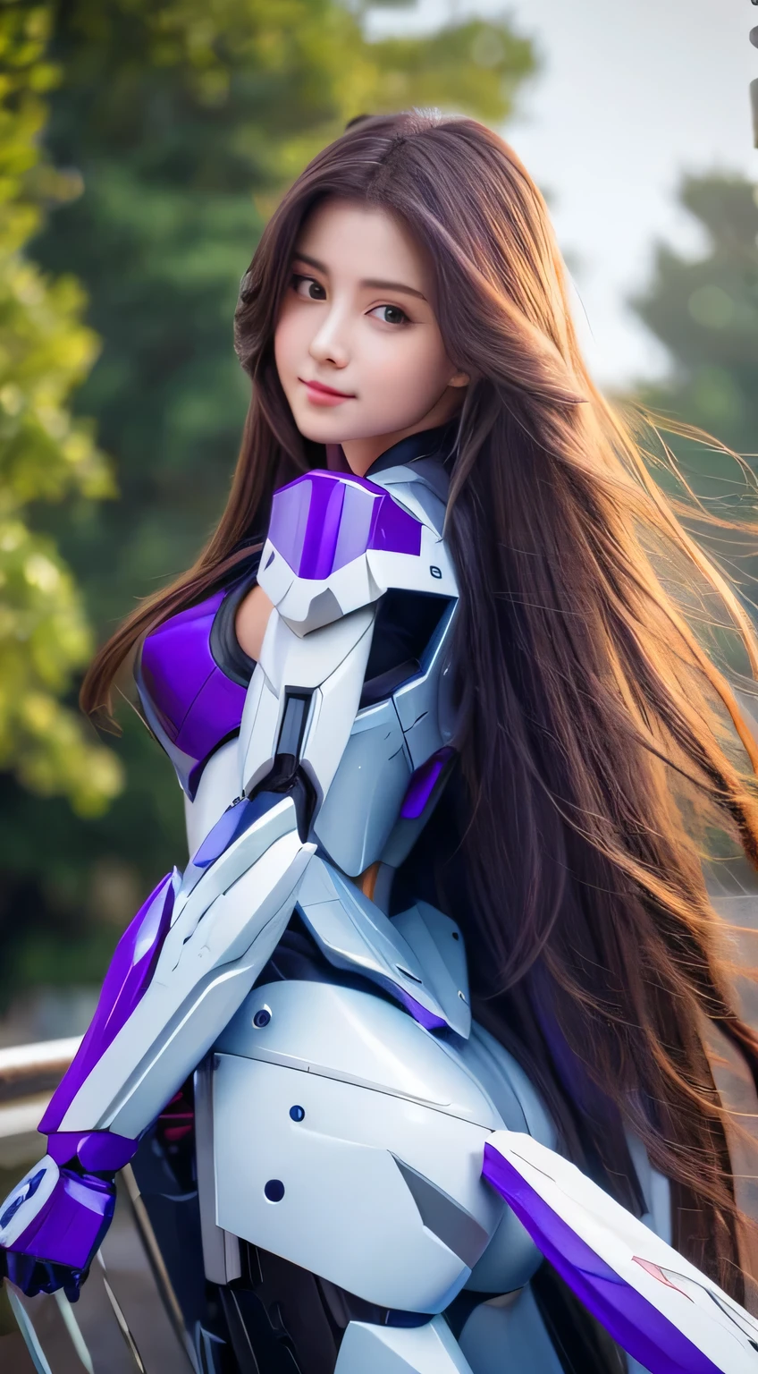 Textured skin, Super Detail, high details, High quality, Best Quality, hight resolution, 1080p, Gorgeous beauty、Girl with Beautiful Mecha Body、(Gundam) Girl with robot body, very very long long hair rapunzel, sit down, Full body, purple, flying.