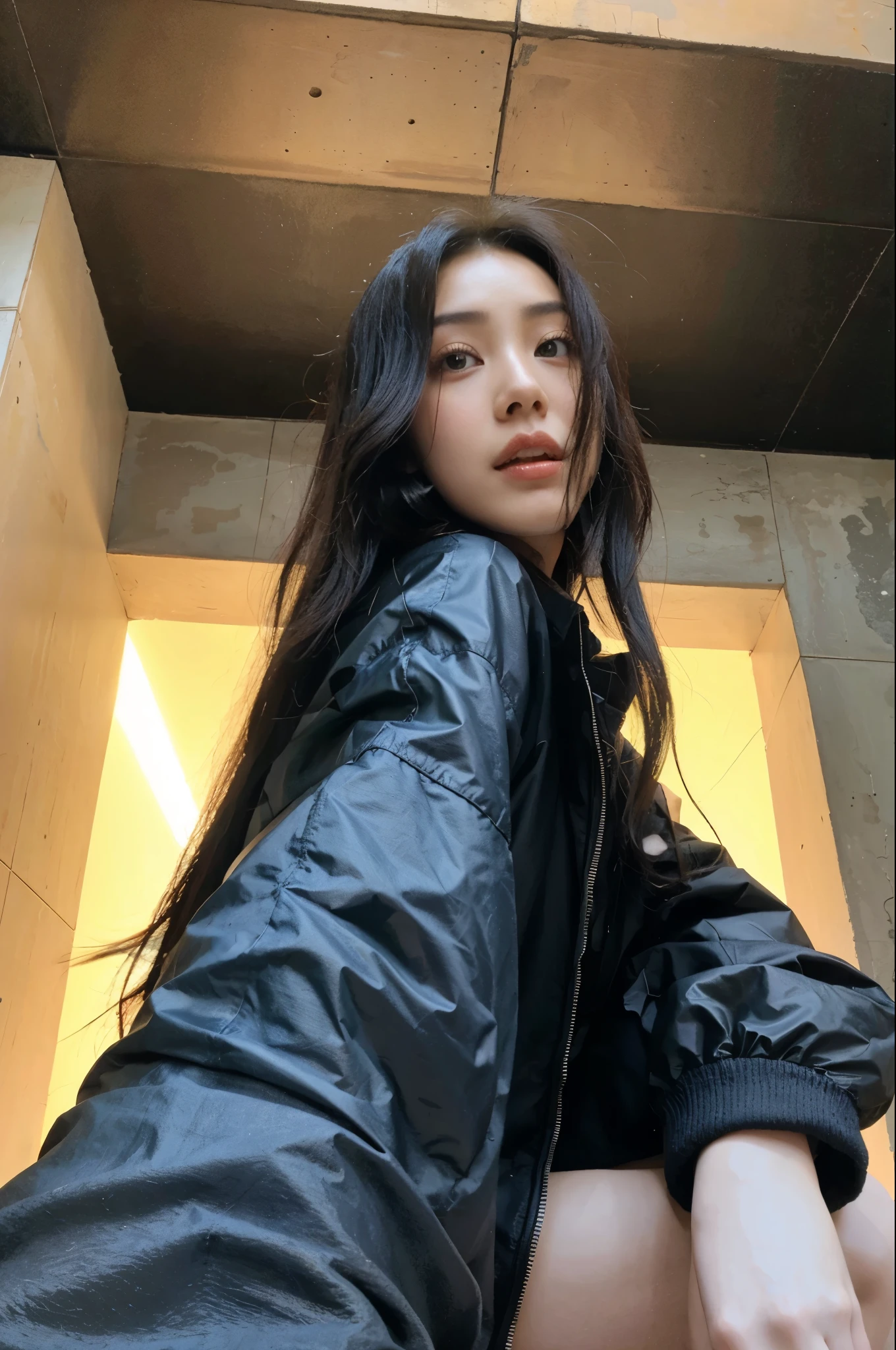 devastated woman in black jacket and black skirt sitting on a ledge, gongbi, wenfei you, Xision Wu, fã bingbing, Lulu Chen, li bingbing, gema chen, Xintong Chen, li zixin, imagem de perfil, beautiful chinese model, Chengyou Liu, Heonhwa Choe, Mingchen Shen, ela usa jaqueta de couro