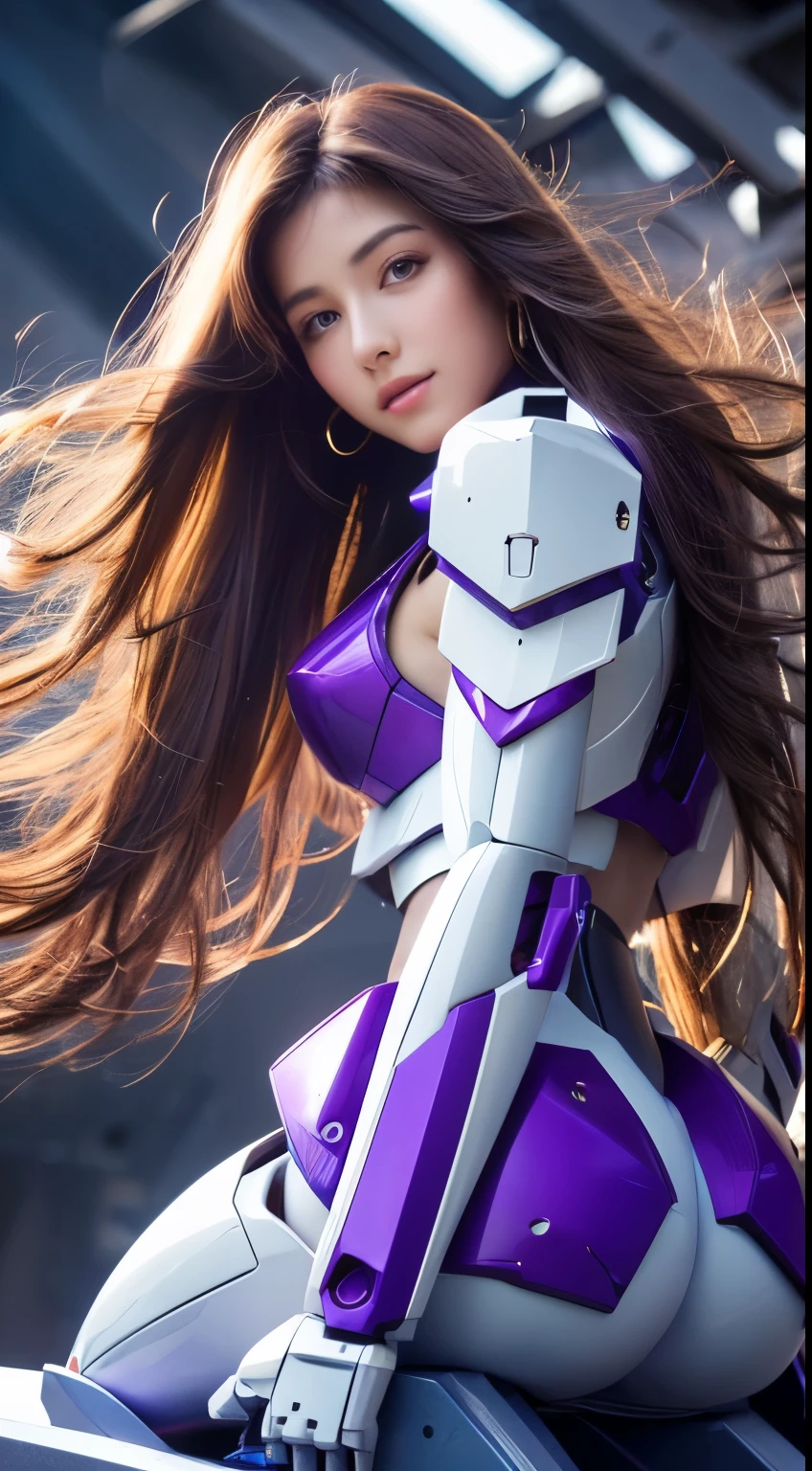 Textured skin, Super Detail, high details, High quality, Best Quality, hight resolution, 1080p, Gorgeous beauty、Girl with Beautiful Mecha Body、(Gundam) Girl with robot body, very very long long hair rapunzel, sit down, Full body, purple, flying.