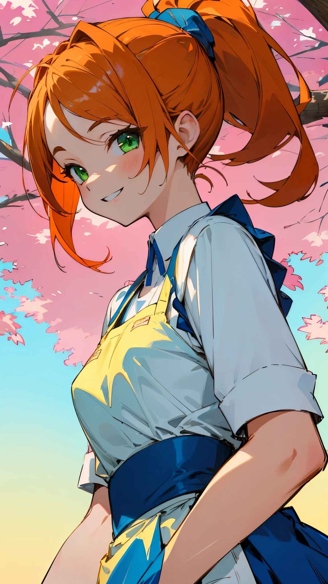 1 girl、anime painting、small breasts、constricted waist、white blouse、blue skirt、Apron appearance、orange hair hair、ponytail、green eyes、smile、expression of strong pleasure、From the side、upper body close-up、Early summer street tree background、sharp outline