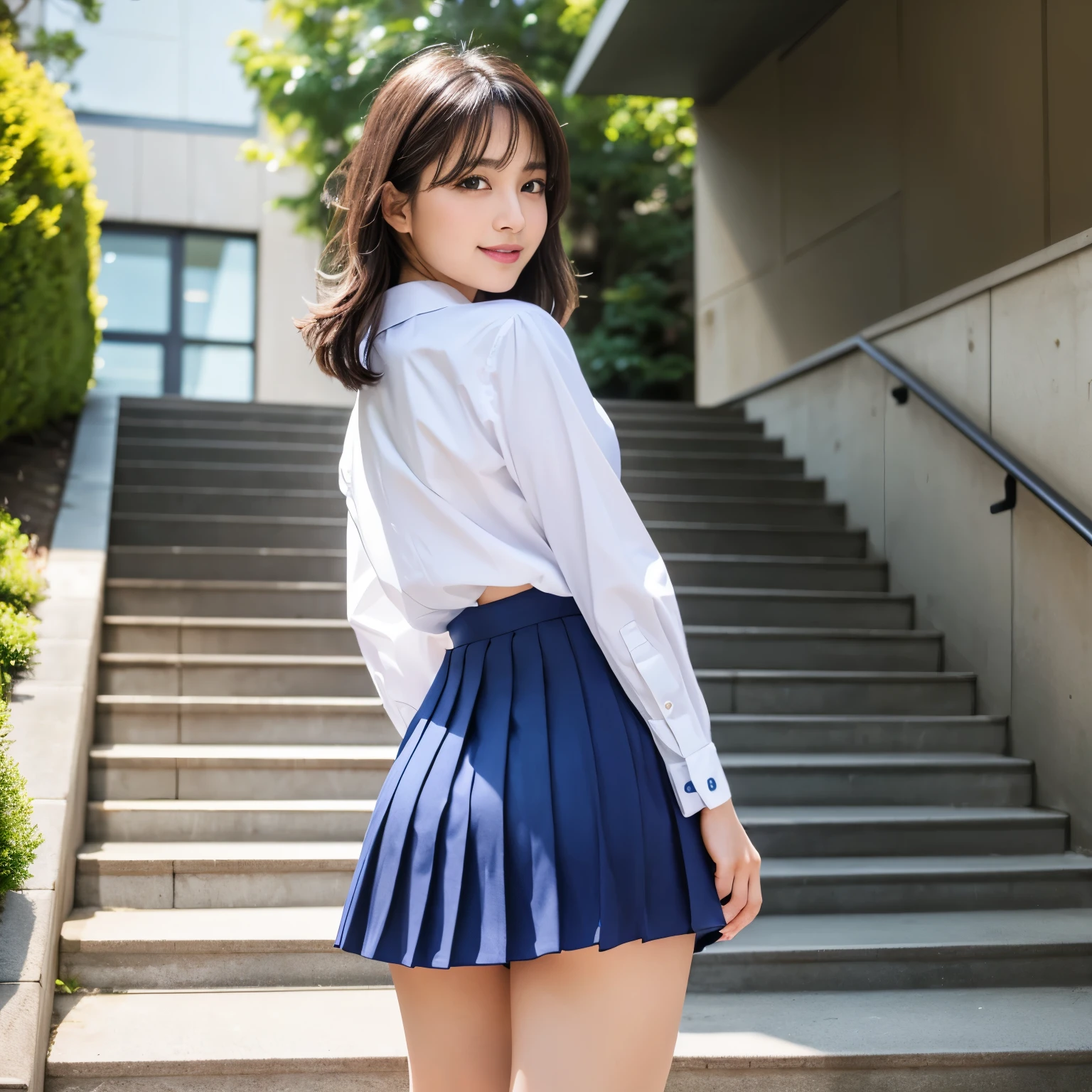 (highest quality、table top、8K、best image quality、Award-winning work)、one high school girl、、(alone:1.1)、perfect beautiful composition、A composition that beautifully highlights the head、(Huge breasts that are about to burst:1.1)、(emphasize body line:1.1)、slender body、(perfect and accurate white polyester shirt:1.1)、(Navy Check Pleated Skirt:1.1)、(foot pictures:1.2)、look at me and smile、(Strong blur school stairs background:1.1)、The most natural and perfect staircase、Regular and most natural staircase、stand gracefully、natural makeup、(beautiful and thick legs:1.1)、beautiful feet、Ultra high definition beauty face、ultra high definition hair、Super high-definition sparkling eyes、(Super high resolution glossy skin:1.1)、Super high resolution glossy lips、accurate anatomy、(very bright and vivid:1.1)、(my back is turned:1.3)、(turn your butt towards me:1.2)、(look back at me:1.2)、(big and beautiful hips:1.1)、(Highlights your beautiful hip line:1.1)