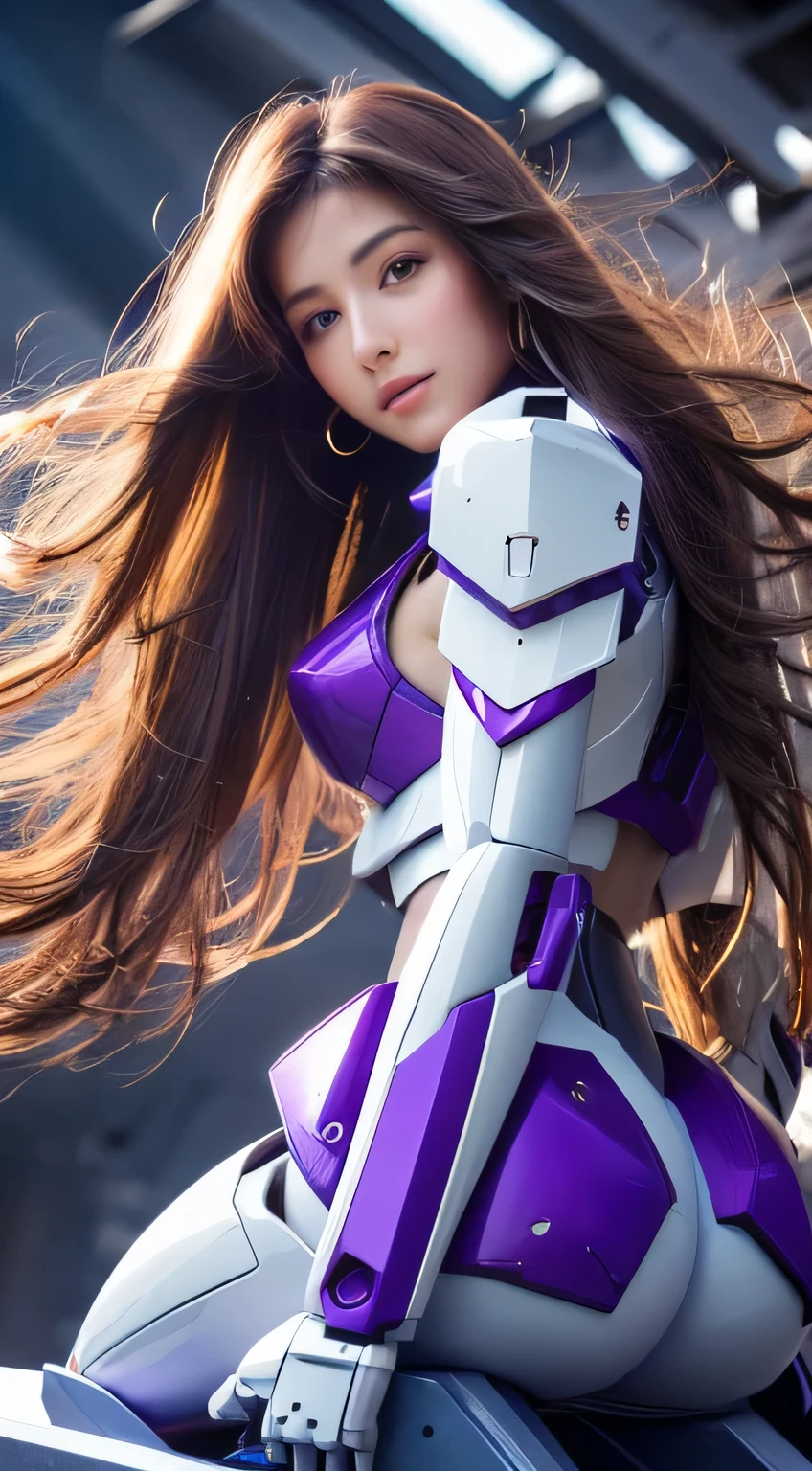 Textured skin, Super Detail, high details, High quality, Best Quality, hight resolution, 1080p, Gorgeous beauty、Girl with Beautiful Mecha Body、(Gundam) Girl with robot body, very very long long hair rapunzel, sit down, Full body, purple, flying.