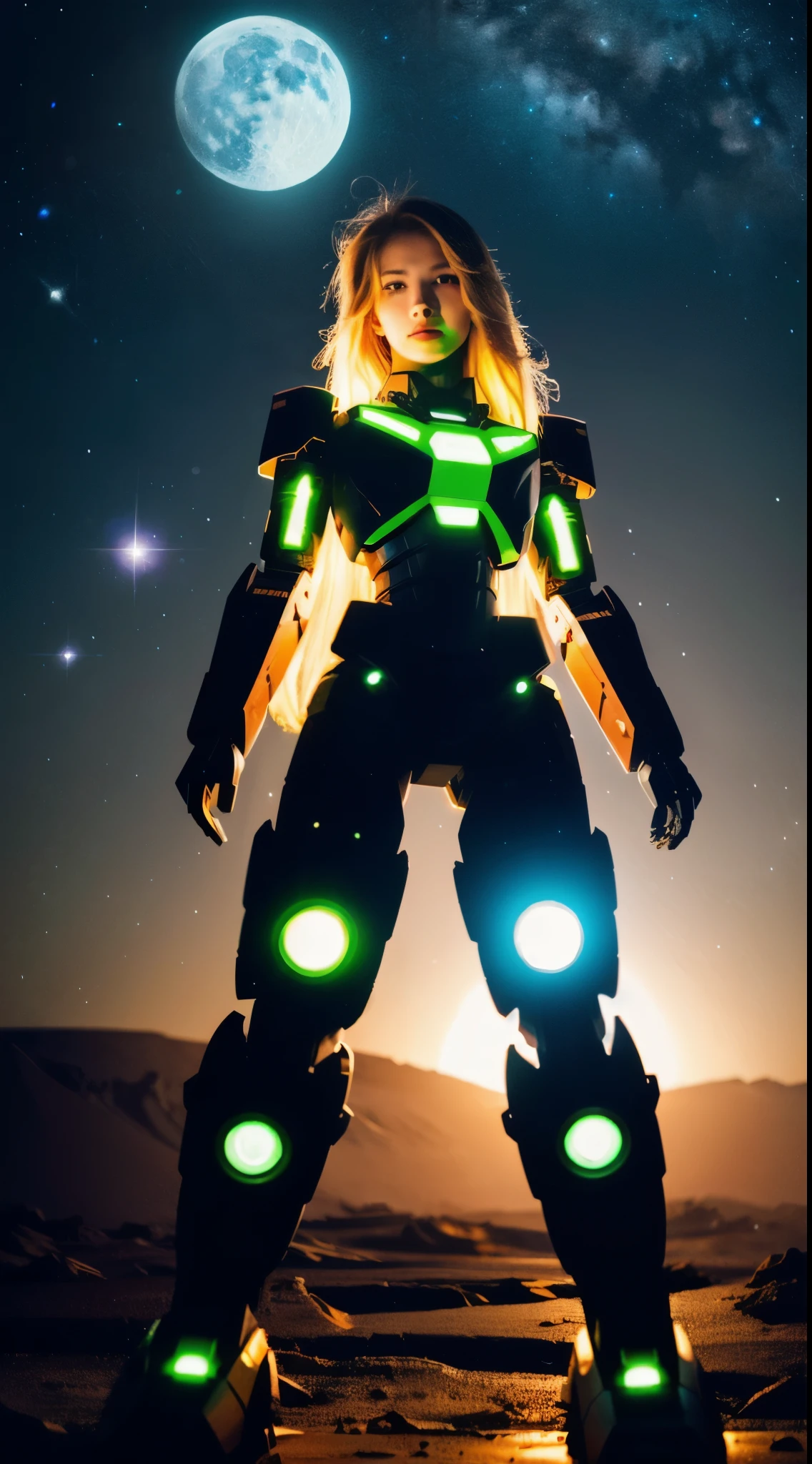 Fullbody, ((best quality)), ((ultra res)), ((photorealistic:)), (intricate details), 22 years old, blonde very very long hair rapunzel, perfect face, make up:. light on face, face detail, excited, full body, purple, dancing, On the moon,barren planets, ruins, holding_weapon, no_humans, glowing, robot, building, glowing_eyes,orange mecha, science_fiction, city, realistic,mecha,Milky Way Galaxy background,neon,cyberpunk,
