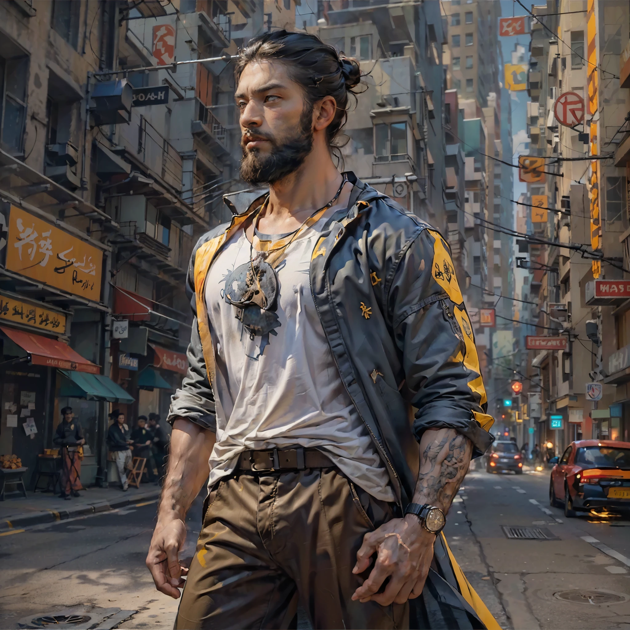 ((City street-metropolis), (modern man:1.5), (1 man, young man), (muscular, Mature man, 35 years old), (1 man, macho, perfect body, extremely delicate and beautiful detailed face ))_((masterpiece, Best quality), (surrealism: 1.3), (best, quality), (masterpiece: 1.2), (realism: 1.2), (Best quality))_((Sunny day, 1 young man) , (Long black hair in a bun),(black very short beard, black very short beard, beautiful beard, barbershop style beard),(long hair in a bun))_((young, modern clothes),((expressive eyes ), (brown eyes, black hair))_((prince, powerful, heroic, NSFW), (stylish, standing nearby, full height, slim, wiry))_((Regular T-shirt), (slim, strong body, wiry arms, broad shoulders, tight trousers, arms decorated with belts, bracelets), (dark yellow coat, dark yellow coat, outfit in dark yellow coat: 1.3, Arabic dark yellow coat))_((Presentation background, neutral gray- blue, in virtual space))_((Highest quality, 16k Full HD, cinematic rendering),(Create a work of art))_((modern clothes), (surrealism: 1.3), (large, high-quality), (modern clothes), (Hand-drawn realism)).