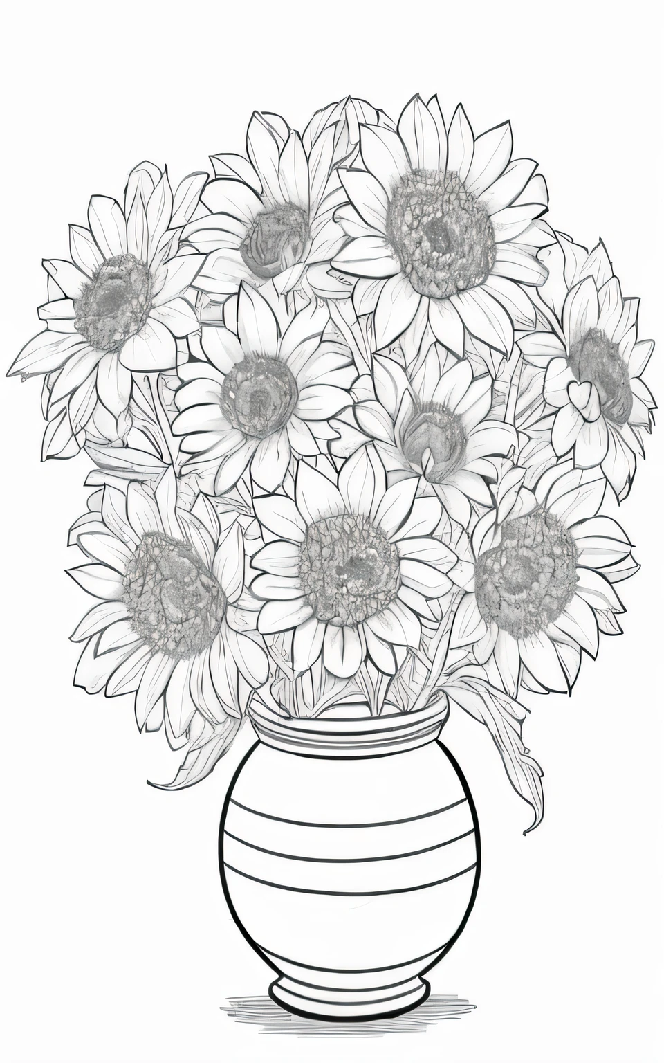 a black and white drawing of a vase with flowers in it, i dream of a vase flowers, flowers with intricate detail, sunflowers, coloring book outline, detailed flowers, banana plants drawing, black and white color only, simple yet detailed, detailed line art, coloring pages, 1024x1024, helianthus flowers, detailed 4 k drawing