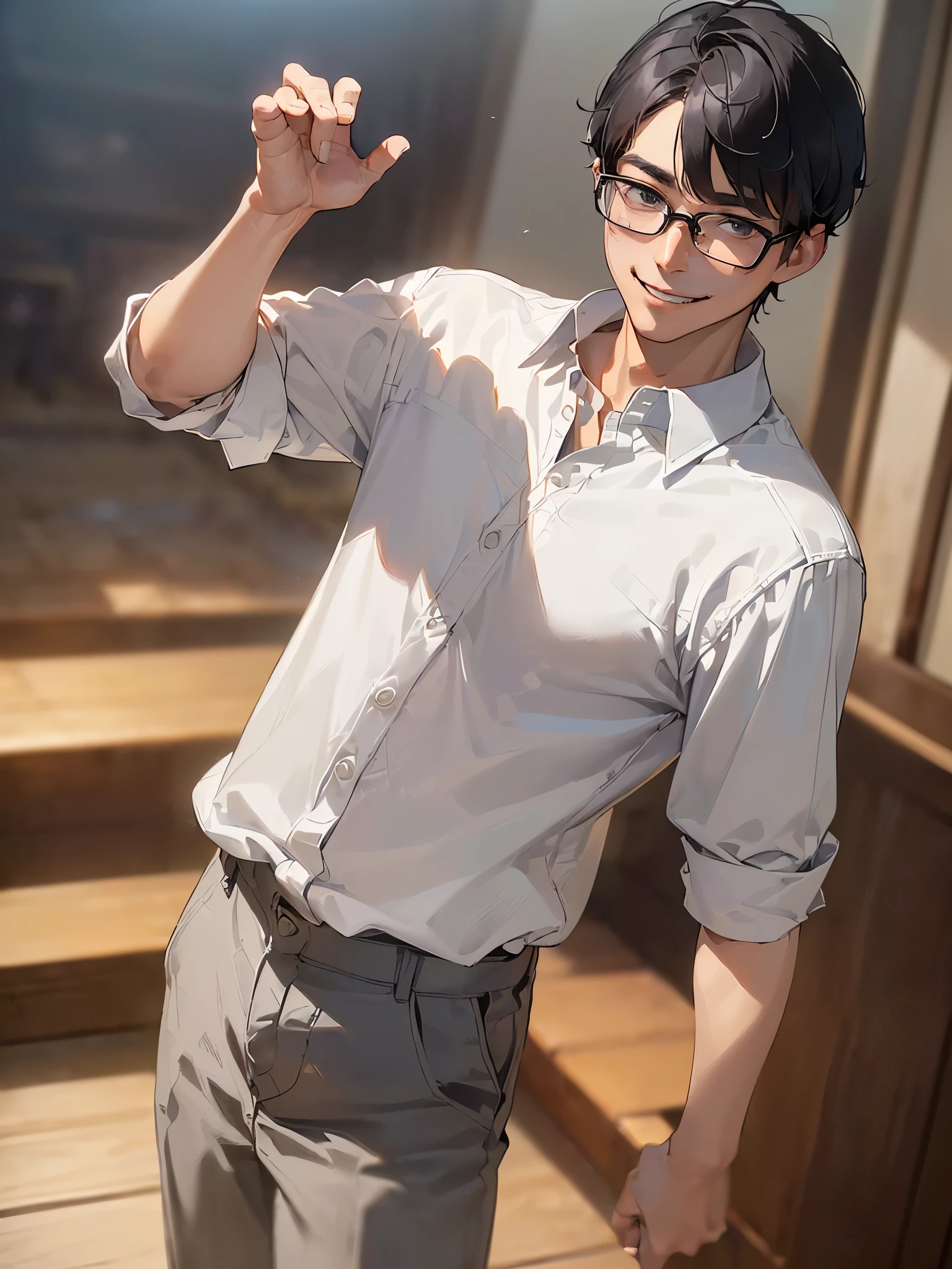 (((Highest image quality、highest quality、masterpiece、High resolution,realistic、cinematic lighting))),(((cowboy shot、black hair、short hair、one man:1.3、Thin type、white collared shirt、Gray chinos,Glasses、smile、standing position)))、(((noon、観光trip地、trip)))