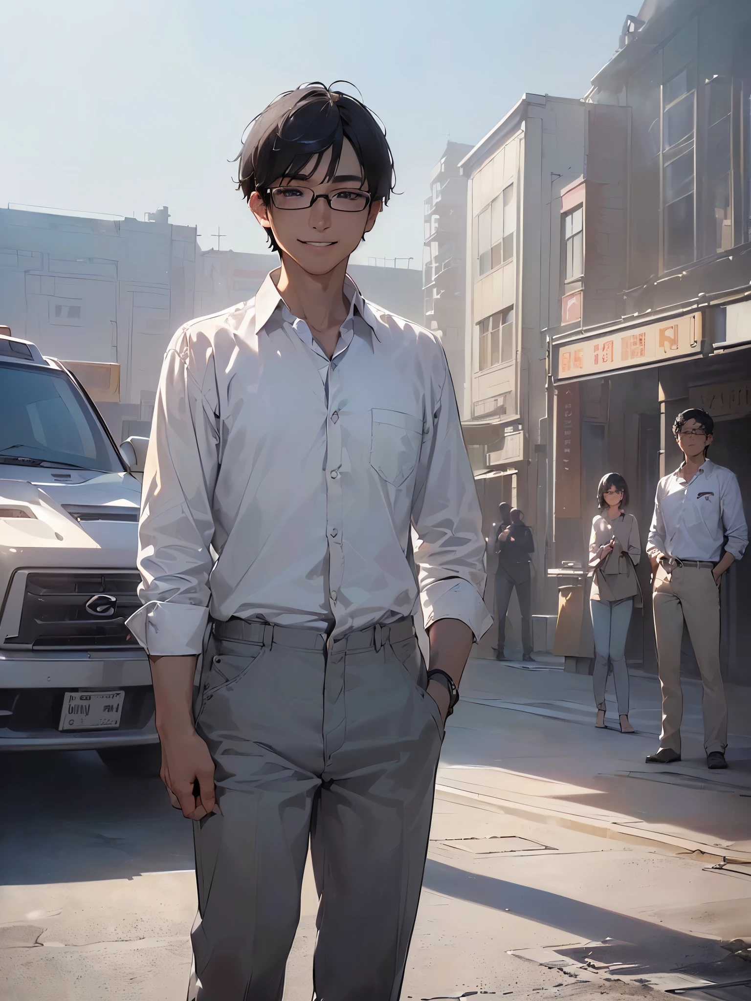 (((Highest image quality、highest quality、masterpiece、High resolution,realistic、cinematic lighting))),(((cowboy shot、black hair、short hair、one man、Thin type、white collared shirt、Gray chinos,Glasses、smile、standing position、tripカバン)))、(((noon、観光trip地、trip、In front of the station)))