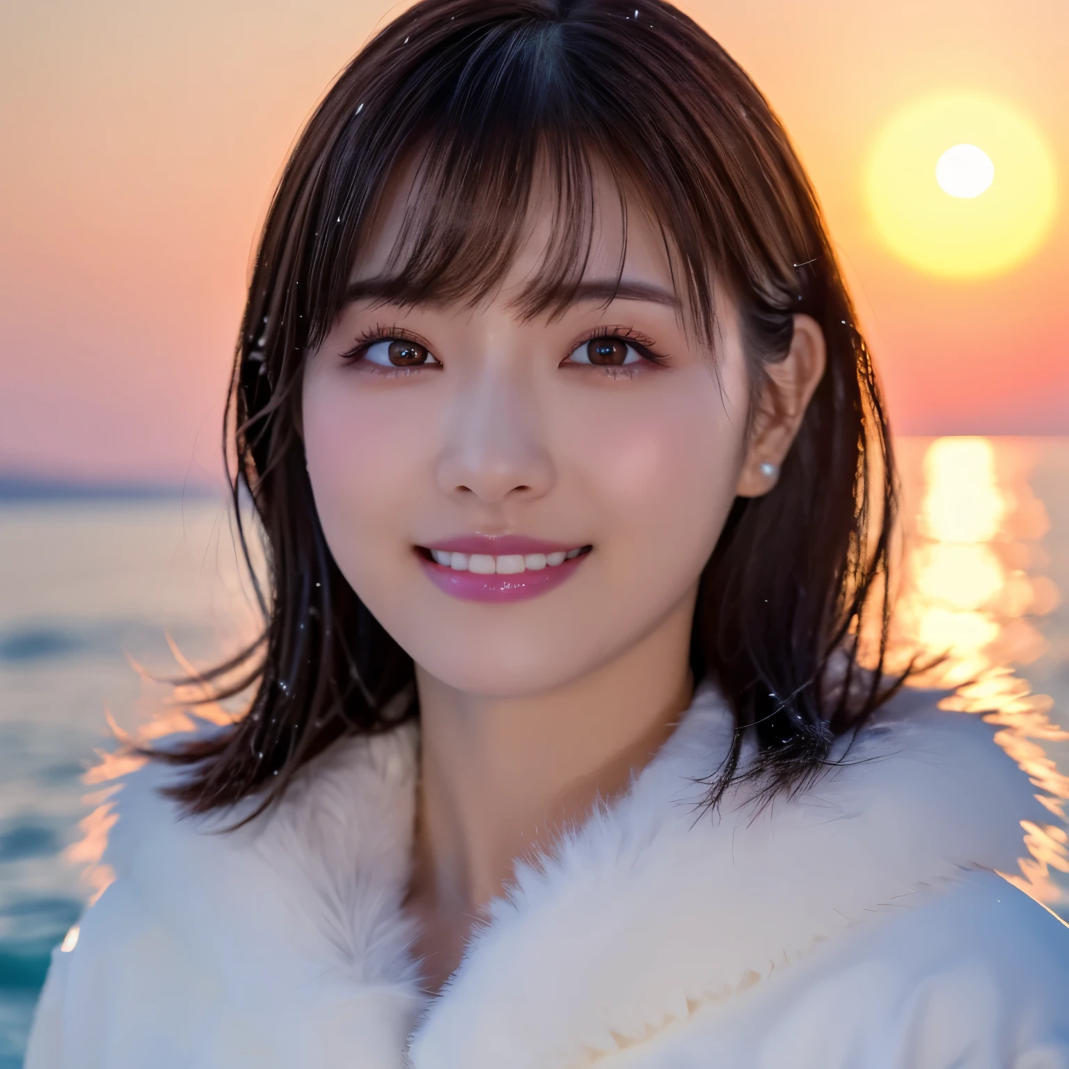 (highest quality、table top、8K、best image quality、Award-winning work)、1 girl、close up of face、smile looking at me、thick coat、Fur hood、perfect and most natural muffler、(frozen lake in winter:1.1)、Icy ground、(romantic sunset:1.2)、(fantastic starry sky:1.1)、(星空とsunset:1.1)、(It's snowing:1.1)、(Tyndall effect:1.1)、sunset、epic movie lighting、short hair、(accurate anatomy:1.1)、Ultra high definition beauty face、long eyelashes、natural makeup、ultra high definition hair、ultra high resolution eyes、(Beautiful skin that shines in ultra-high resolution:1.1)、Super high resolution glossy lips