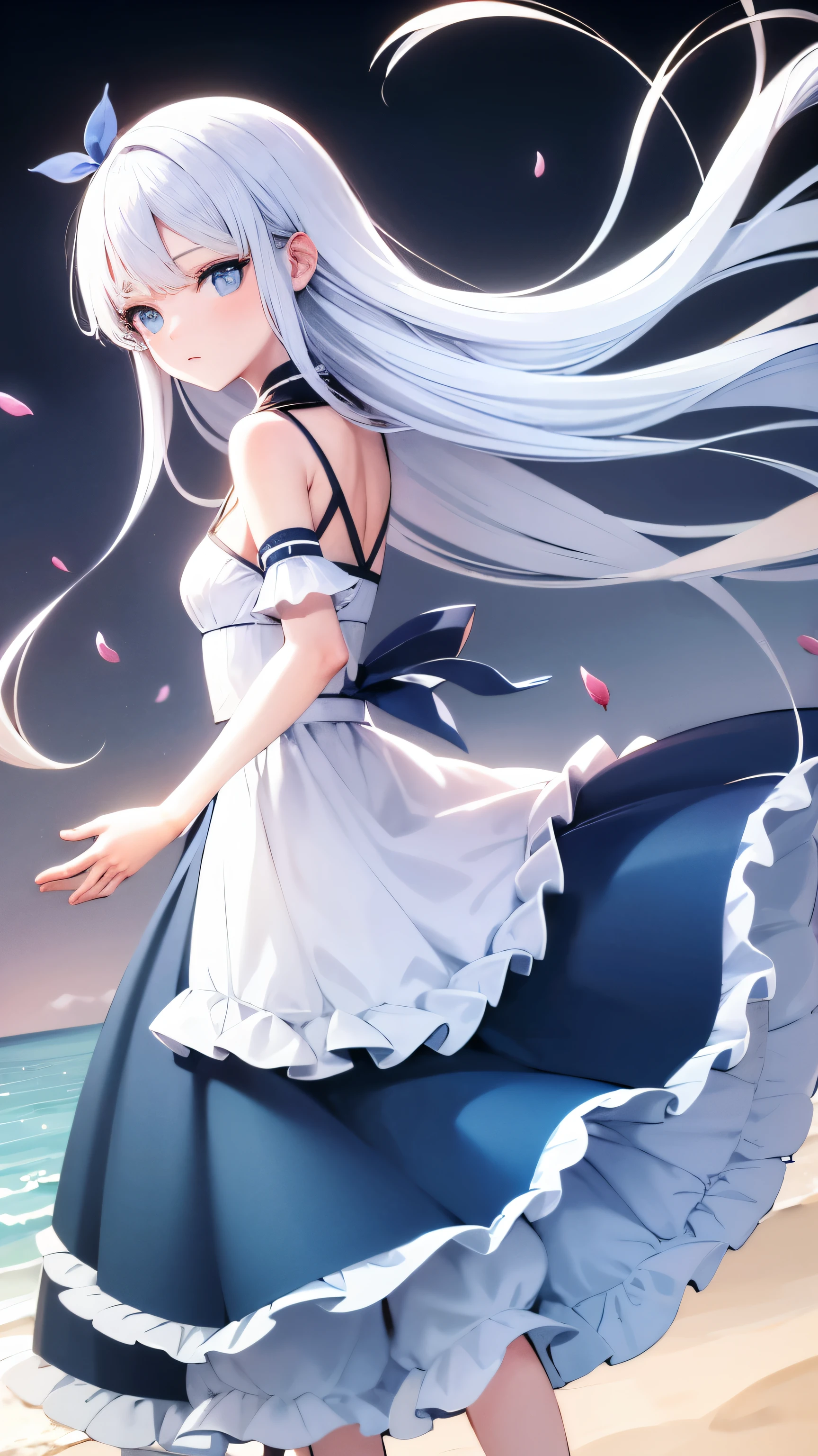 ，blue skirt，1 girl，blue eyes，long white hair，sideways，Stand on the edge of the beach，falling petals，Exterior，Detail enhancement，best quality，Perfect image quality，The wind blows the hair，Elegant and light blue gauze dance skirt，beautiful and gentle