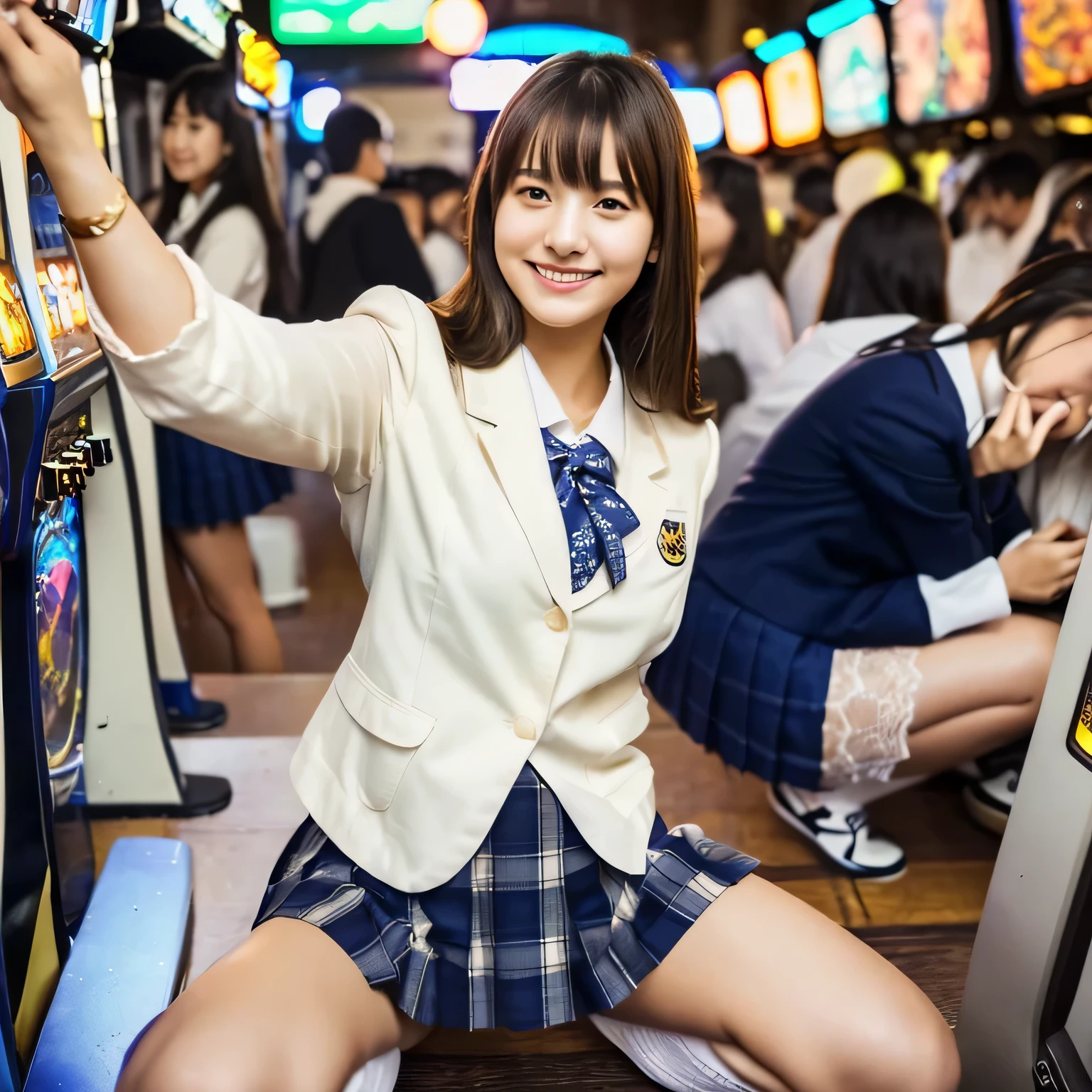 (best image quality、highest quality、highest resolution、masterpiece、be familiar with、real photos)、Beautiful and cute 17 year old high school girl、look at the camera、((light brown straight hair、Pin Clip Cream、smile))、((full body shot))、((Low - Angle))、(quite small)、(pretty toned body)、((Public high school navy blazer uniform、navy check mini skirt:1.2))、((white open collar shirt、white lace bra and white lace panties:1.2))、((skirt lift))、((showing her white lace panties to the camera:1.2))、((Squat down and spread your legs wide:1.3))、((khaki cardigan、white socks、black loafers))、((Take a selfie with your phone、black bag with stuffed animals))、((The location is downtown Tokyo at night..、after school, Four of my friends are playing in a crowded arcade.:1.2))、((I have many friends behind me))