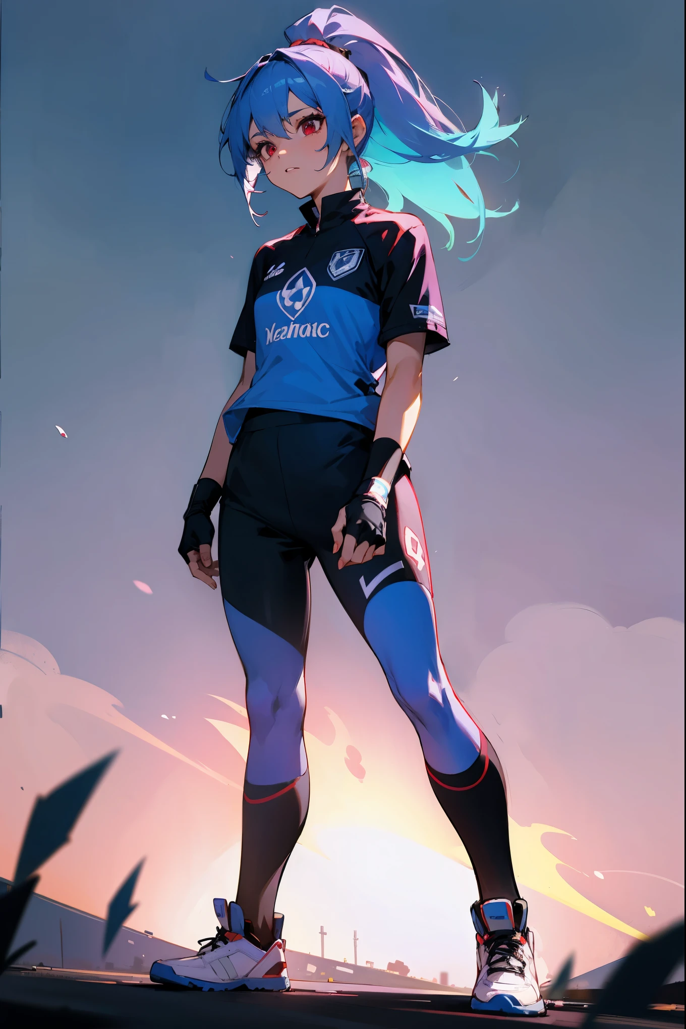1female, split toned hair, gradient hair, blue hair, purple hair, ponytail, red eyes, soccer jersey, soccer field background, detailed background, standing on path