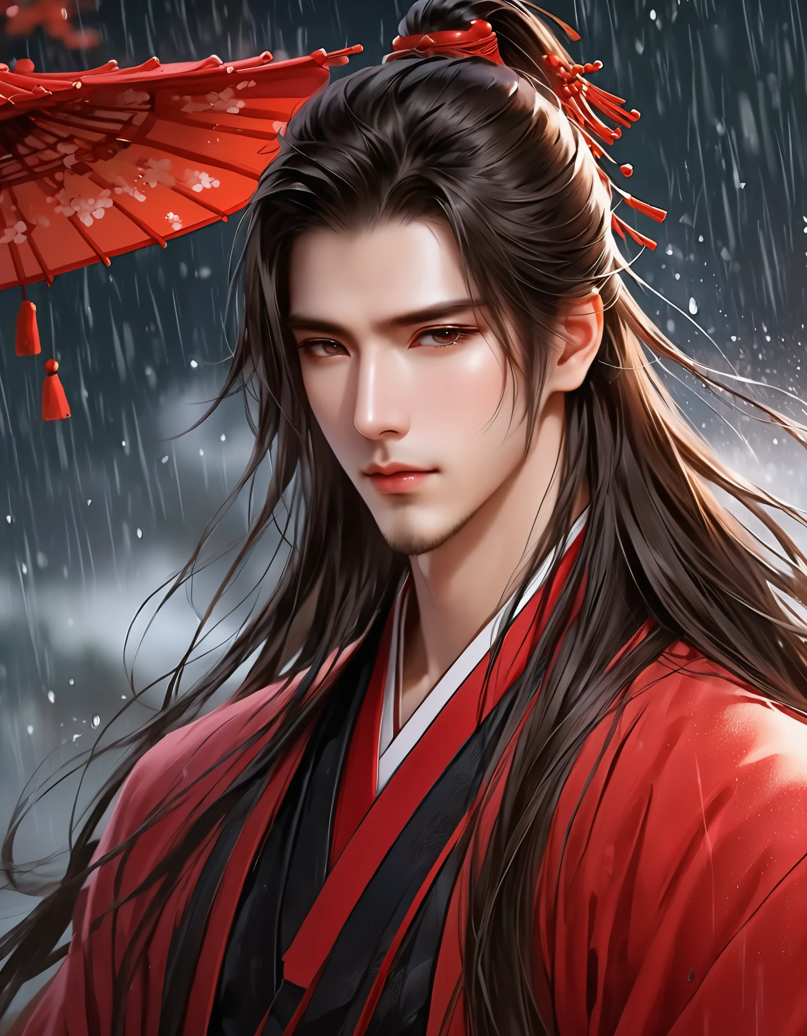 A stunning avatar of an anime male with long hair, sad，rain，black hanfu, Chinese style background, Exquisite facial features,loose hair， Handsome and majestic, Brilliant colors, red theme, High resolution, Perfect details.