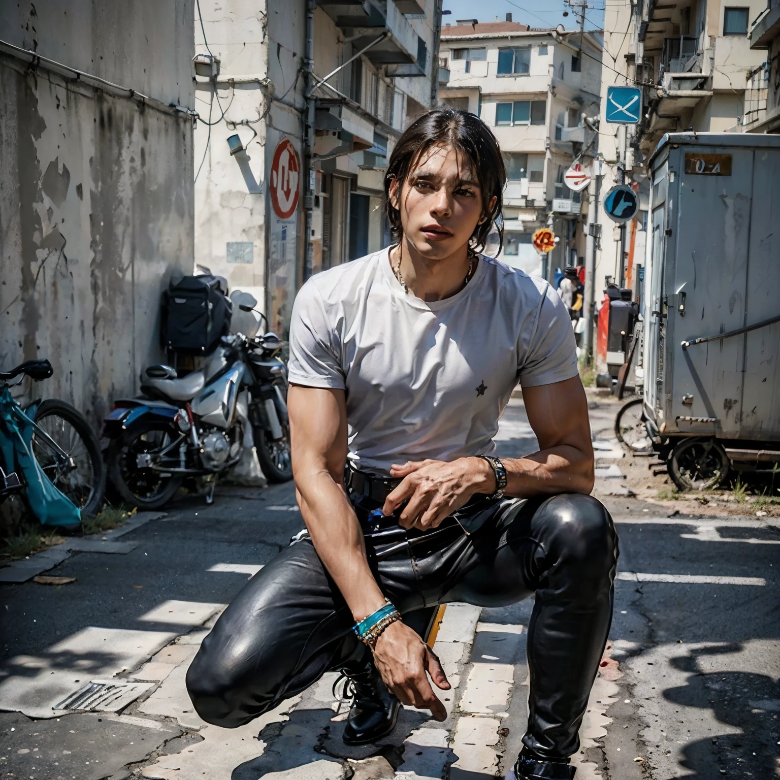 City street-metropolis. ung man crouched, modern, . masterpiece, Best quality (surrealism: 1.3), Big, quality, (masterpiece: 1.2), (realism: 1.2), (Best quality), (leather detail: 1.3), sunny day, 1 yoman. Long black hair, young, modern clothes, sat down next to him. (Plain T-shirt, slim, strong body, sinewy hands, broad shoulders, tight pants, hands are decorated with belts, bracelets). ((expressive eyes)), Brown eyes, black hair. modern clothes (surrealism: 1.3), Big, high-quality, modern clothes. Hand-drawn realism.