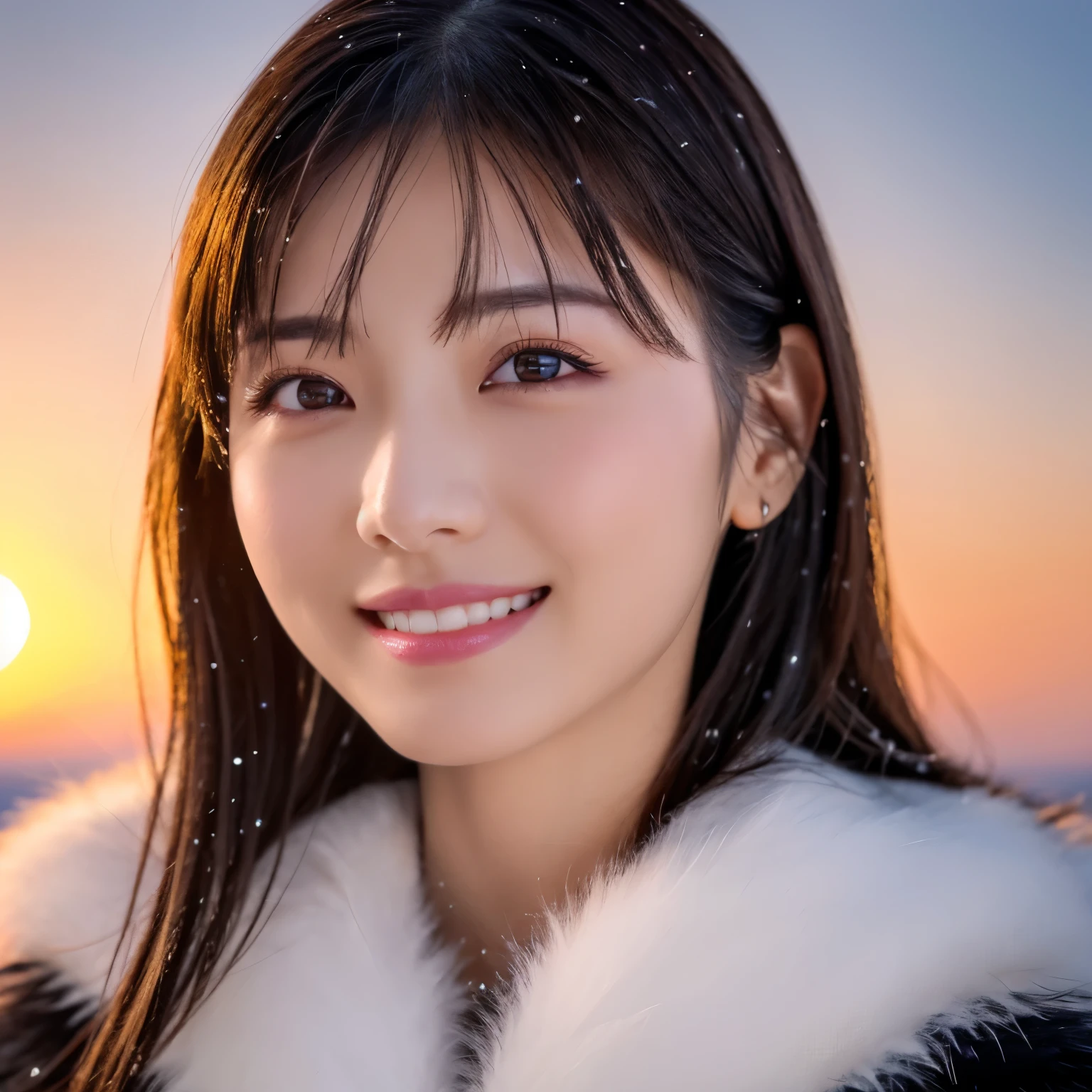 (highest quality、table top、8K、best image quality、Award-winning work)、1 girl、close up of face、smile looking at me、thick coat、Fur hood、(frozen snow field in winter:1.1)、Icy ground、(romantic sunset:1.2)、(fantastic starry sky:1.2)、(星空とsunset:1.1)、(It&#39;s snowing:1.1)、(Tyndall effect:1.1)、sunset、epic movie lighting、(accurate anatomy:1.1)、short hair、Ultra high definition beauty face、long eyelashes、natural makeup、ultra high definition hair、ultra high resolution eyes、(Beautiful skin that shines in ultra-high resolution:1.1)、Super high resolution glossy lips