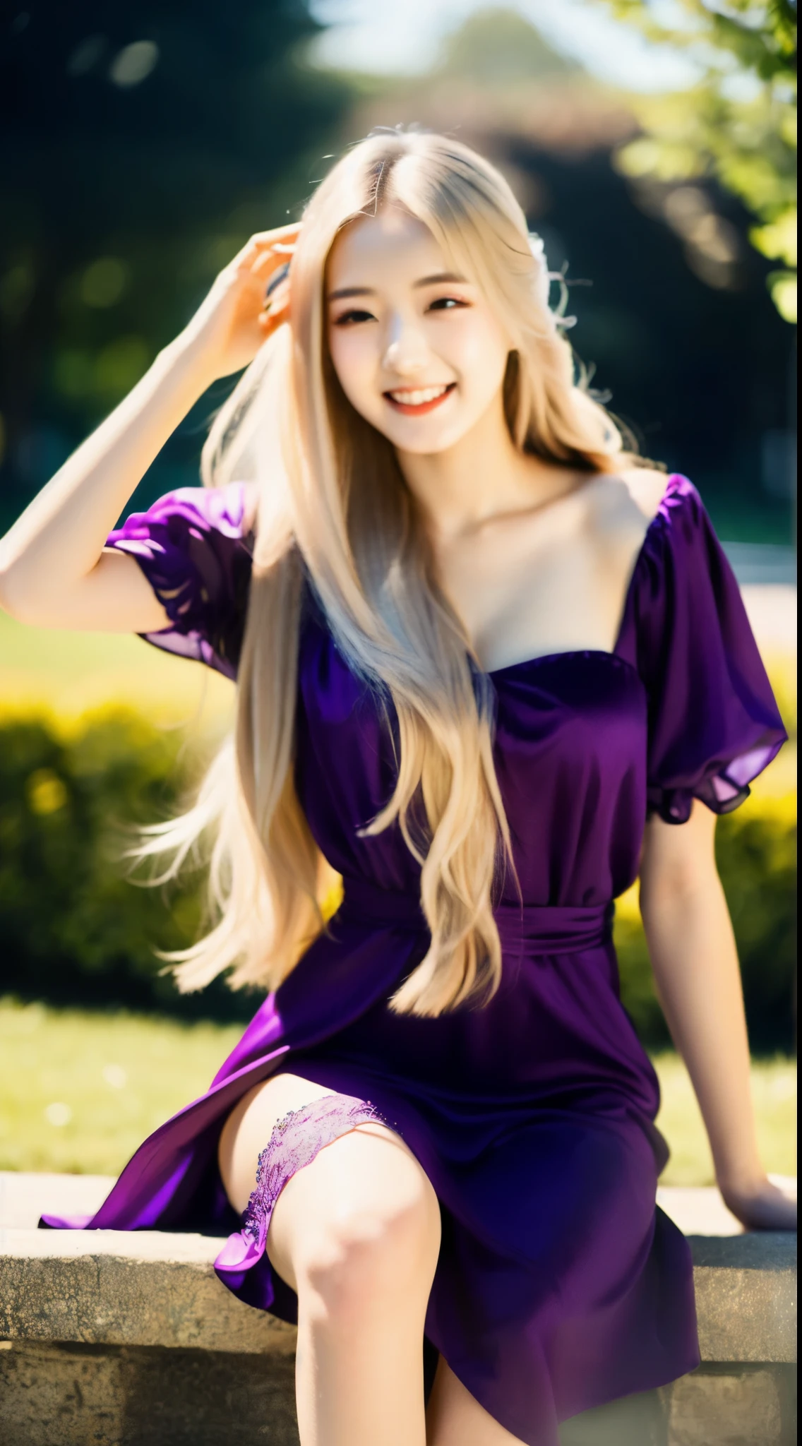 Fullbody, ((best quality)), ((ultra res)), ((photorealistic:)), (intricate details), 22 years old, blonde very very long hair rapunzel, perfect face, make up:. light on face, face detail, excited, full body, purple, dancing, full body