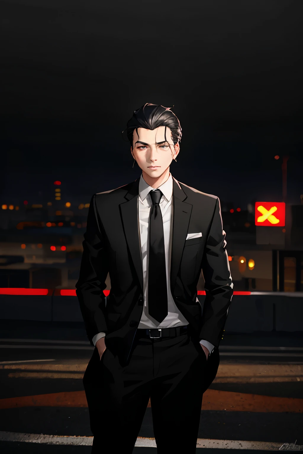 young man, under city lights, slim build, sharp features, jet-black hair slicked back, dressed in suit and tie, introspective expression, softly glowing urban landscape, neon signs and buildings, realism, best quality, 4k, high contrast, dynamic shadows, vivid colors.