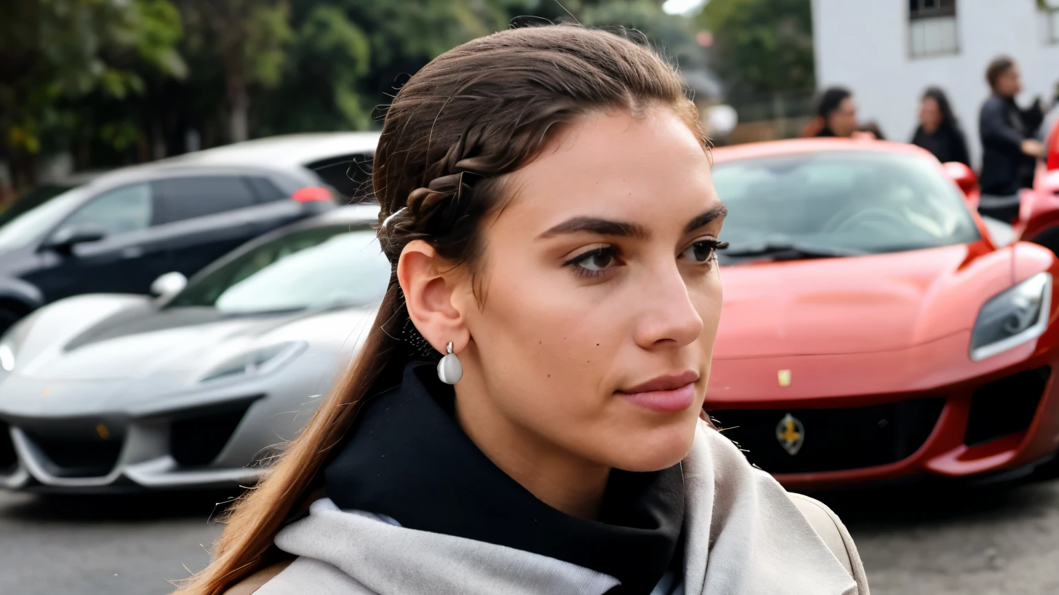 A youthful millionaire, clad in sleek attire, gazes admiringly at his crimson Ferrari amidst a lineup of prestigious sports cars,
Melhor qualidade, ultra fotorrealista, fotorrealismo, 8k, fotografia, foto de um homem jovem, .jaqueta, ear studs, gray scarf, sweater, cabelo castanho claro curto e penteado pelo vento, ajustar, lindo, (efeminado), (raspada), delineador, parado na passarela, The background is a busy street, Bokeh, chuva, humid, nublado, luzes artificiais, rosto e olhos detalhados, pele altamente detalhada, 8k hd, sharp focus, profissional, Melhor qualidade