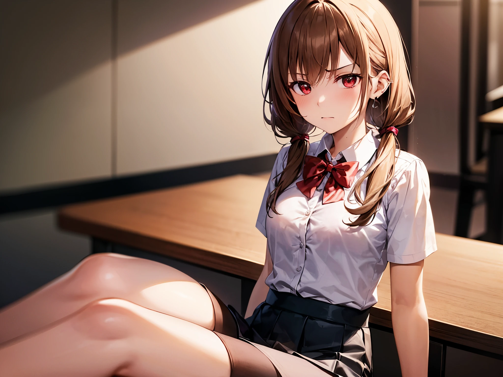 4K image of a young woman with light brown hair, ************, medium bust, red eyes, short twintail hair, left bow tie...,, wearing a white short-sleeved, unbuttoned shirt.  A short black skirt wearing stockings, wearing earrings sitting in the classroom. With a hateful expression on his face.