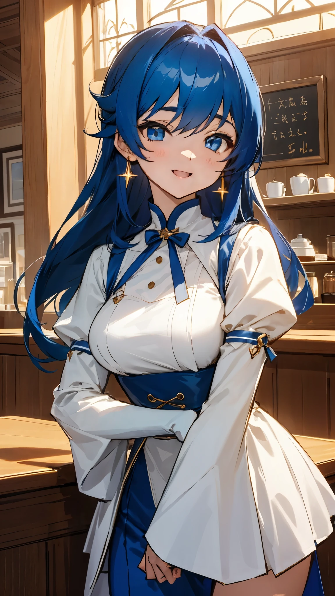 detailed background、1 girl、dark blue hair、Shining light blue eyes、A look of great joy on the face、((indoor、morning、Cafe))、Lustrous skin、sexy costume sharp contour