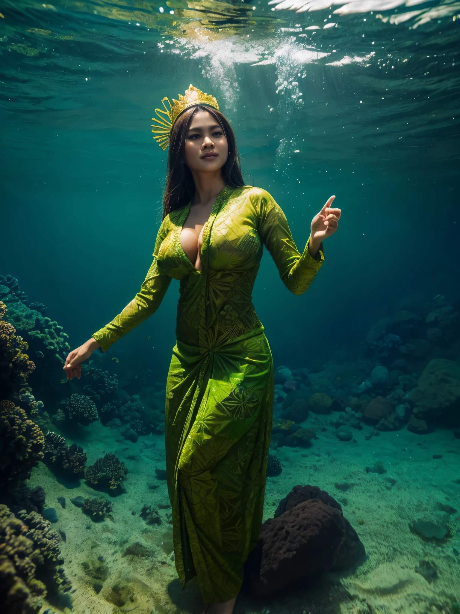 beautiful indonesian lady, dancing gesture, under the sea, wear dark green transparent kebaya long sleeve, ((big breast:1.2)) very long light green batik skirt, wears gold crown, long lime green batik scarf around body, very long hair, masterpiece, realistic, details on face, underwater, on seabed, very deep ocean