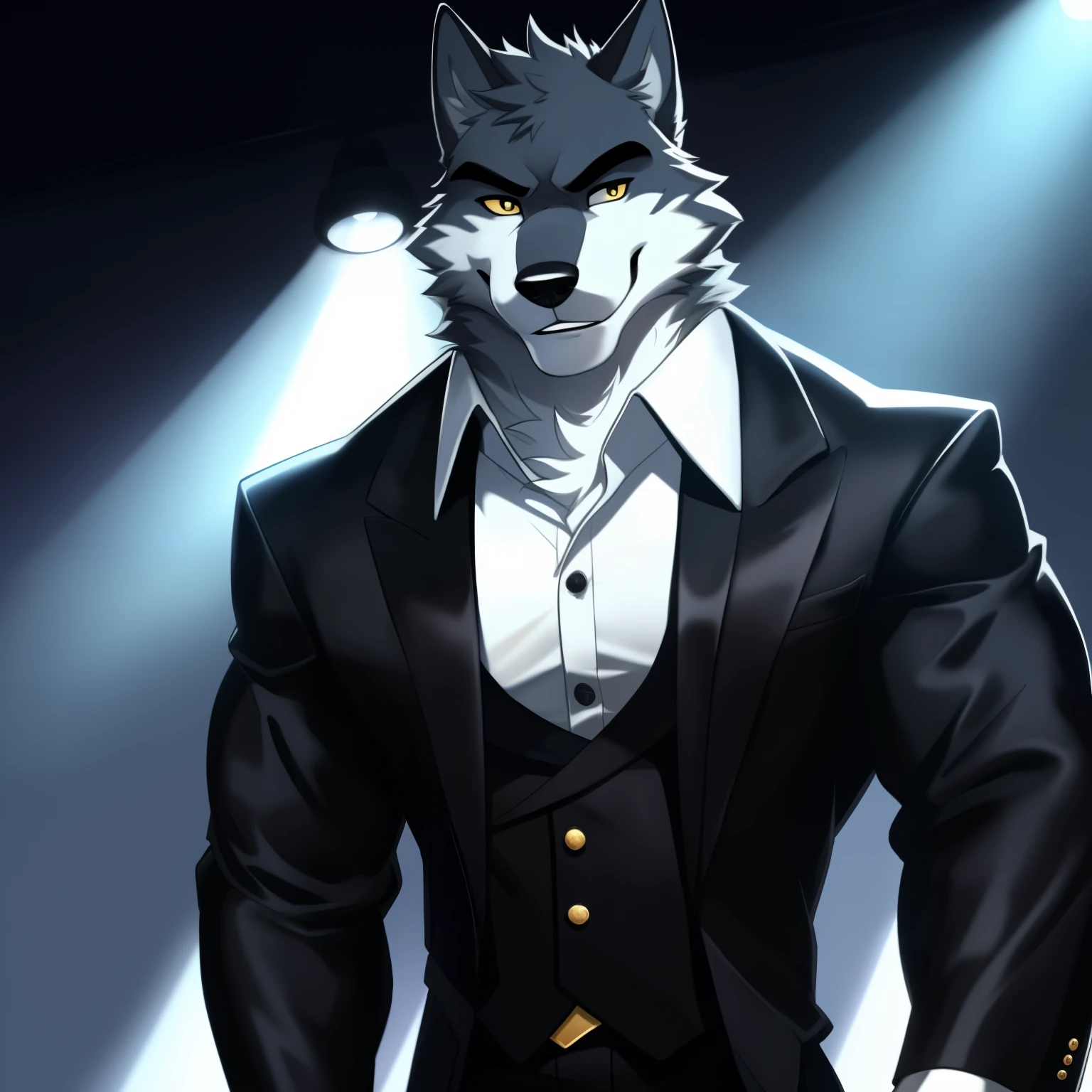 A cartoon wolf guy with a suave and dapper demeanor dons a sleek suit of black and golden shirt. The attention-grabbing attire hugs his muscular frame, accentuating his canine features and adding an air of sophistication to his overall appearance. The gold buttons glint under the bright room's spotlight, reflecting his confident and expressive eyes. The intricate details on his shirt, combined with the soft fur on his body, create a captivating contrast between his anthropomorphic form and human-like elegance. This masterpiece, featuring a ruggedly handsome wolf man in his prime, is sure to captivate the viewer in the highest quality