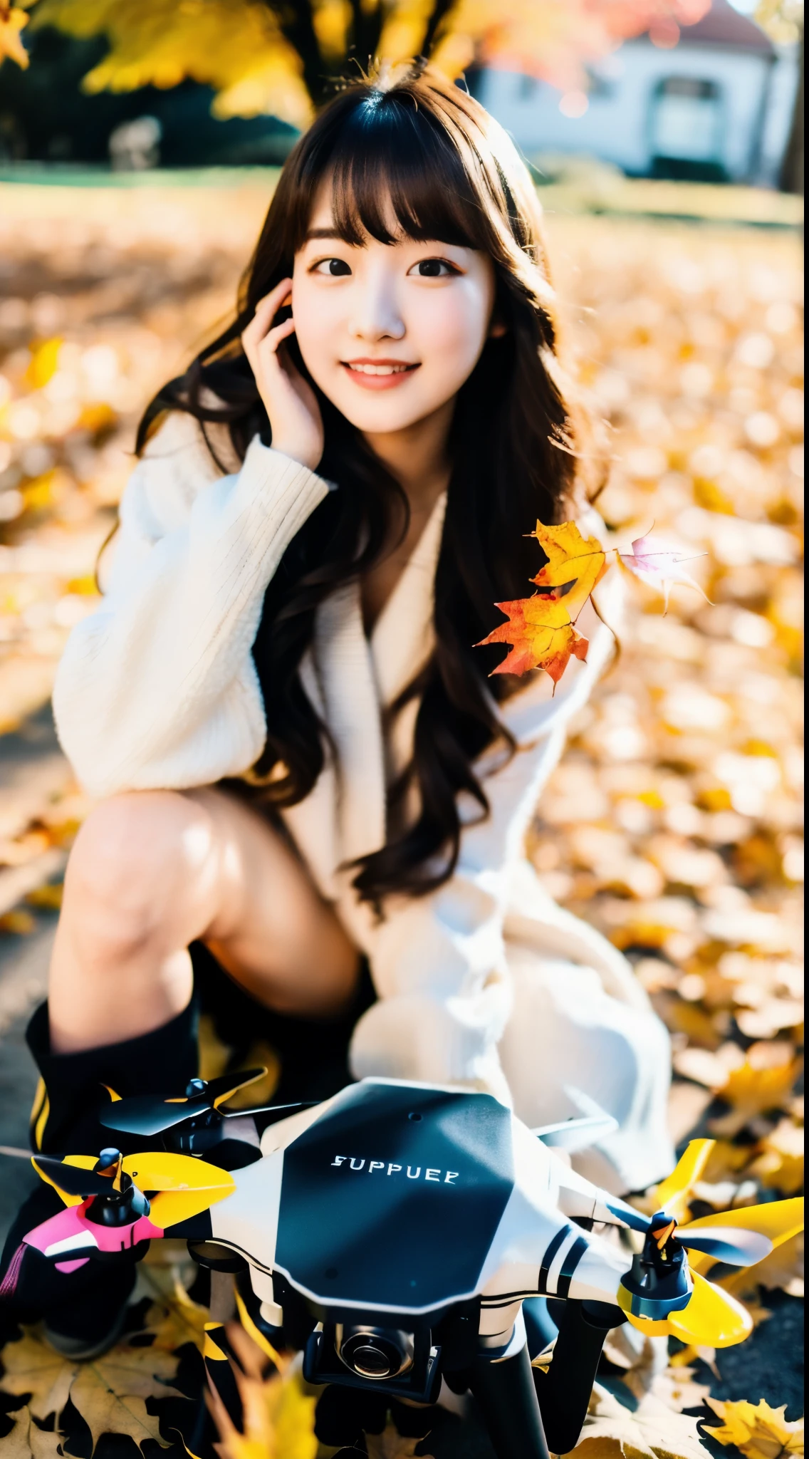Fullbody, ((best quality)), ((ultra res)), ((photorealistic:)), (intricate details), 22 years old, blonde very very long  hair rapunzel, perfect face, make up:.  light on face, face detail, sit down in fall, excited, full body, playing drone
