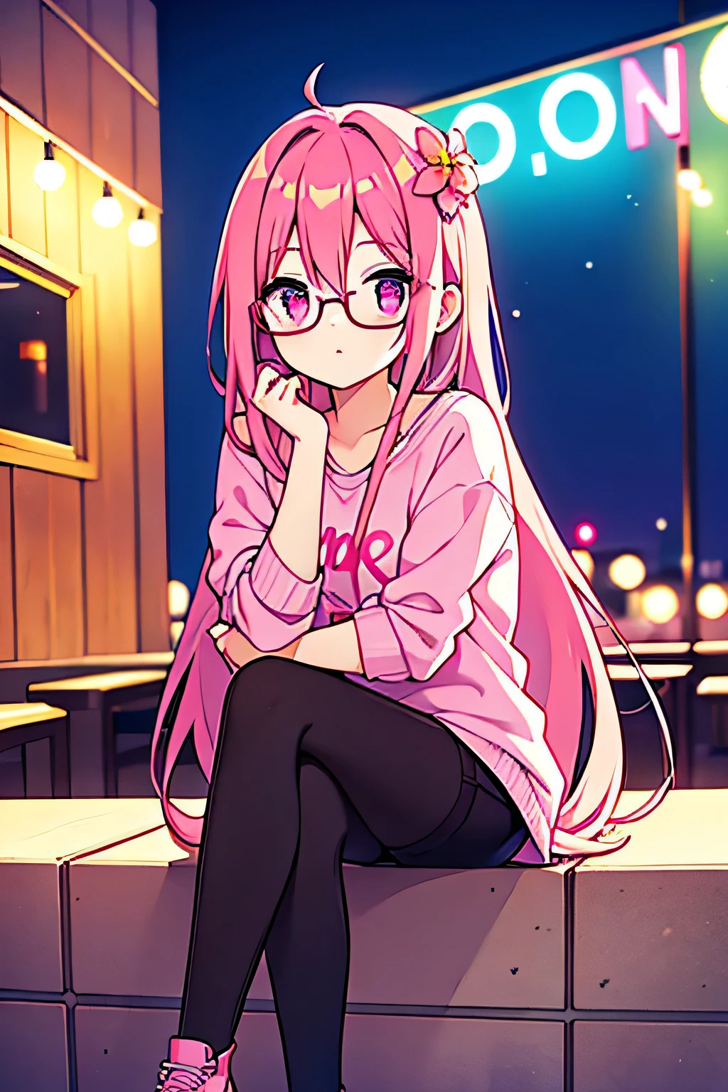 pink hair, 1girl, in caffe, sit pose, wearing casual clothes, long hair, wearing glasses, pink eyes, night time, neon, flower hair ornaments, 8k resolutions