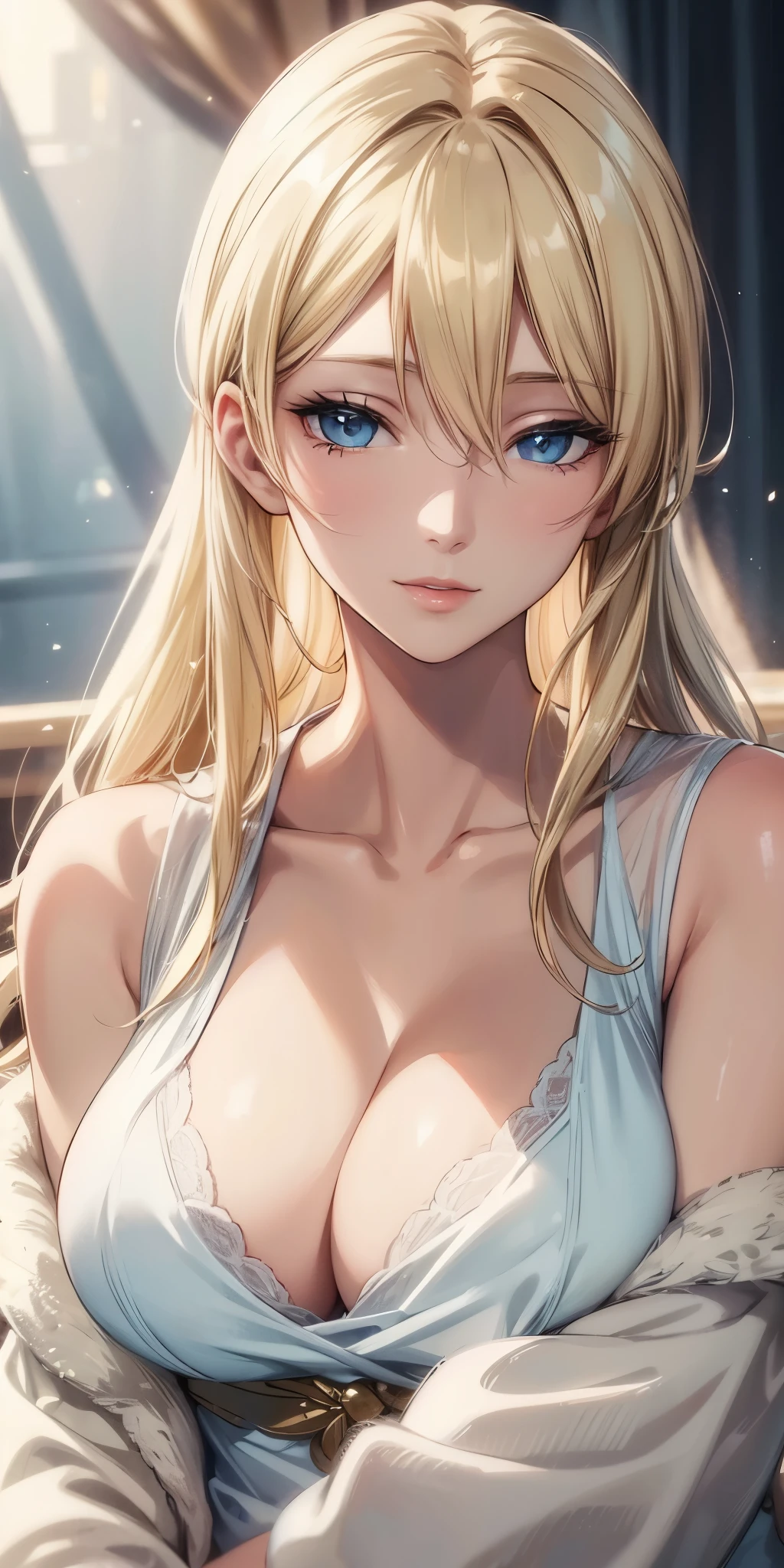 (best quality, highres), portrait, elegan woman, blue eyes, blonde hair, 8k resolution, beautiful cg, soft light