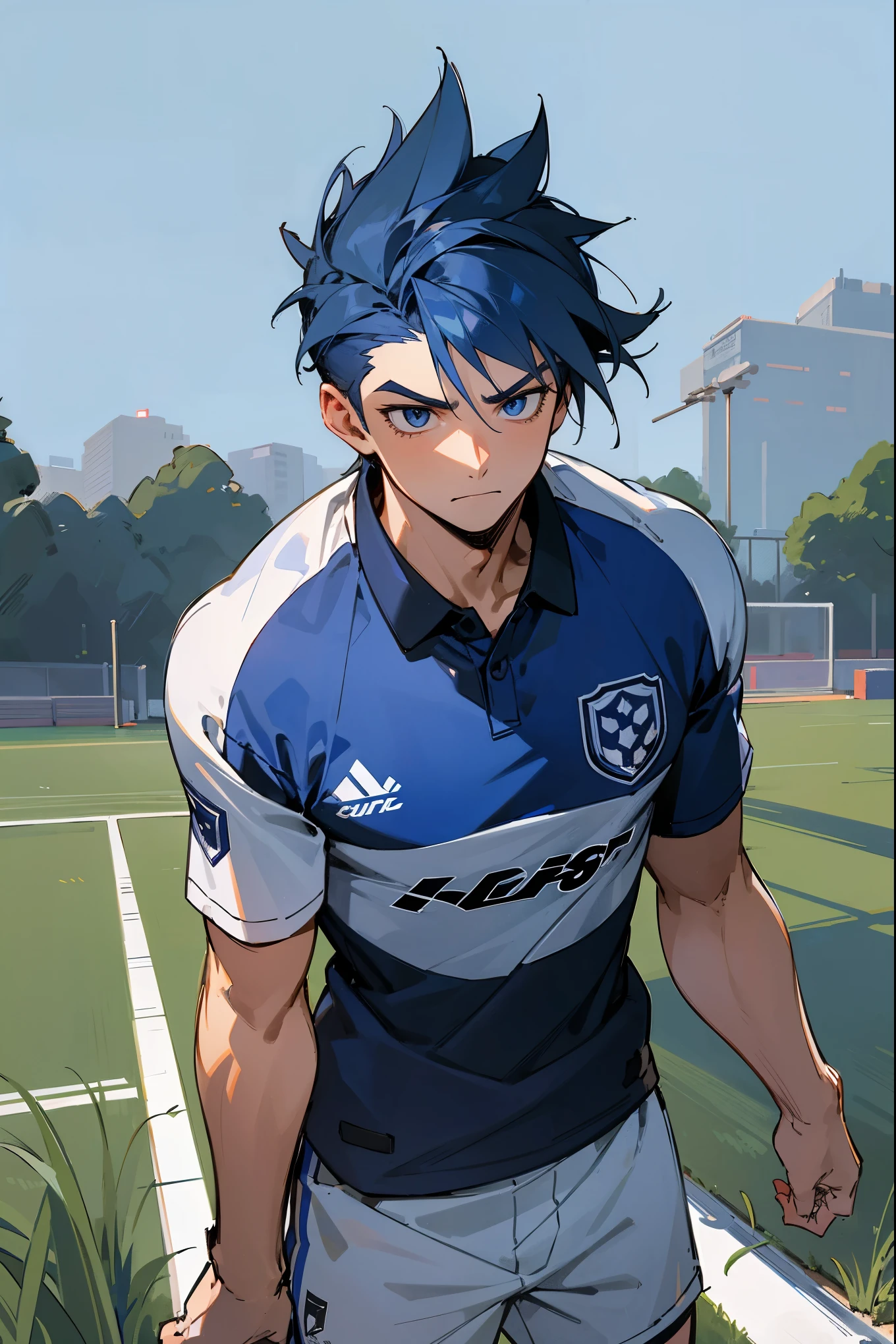 1male, adult, scruffy midnight blue hair, serious expression, bored, soccer jersey, soccer field background, detailed background, standing on path