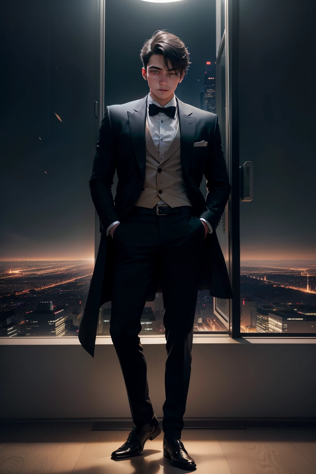 A young man, perhaps in his late teens, stands alone under the shimmering city lights. The glow reflects off his polished shoes and casts a warm, inviting light over his determined features. The night air is cool on his skin, but the excitement in his eyes betrays any signs of discomfort. The city, with its towering buildings and bustling streets, stretches out behind him, a testament to the opportunities and possibilities that lie within his grasp. His future is uncertain, but with each breath, he is filled with a renewed sense of purpose and determination. The night is young, and he is ready to make the most of it.