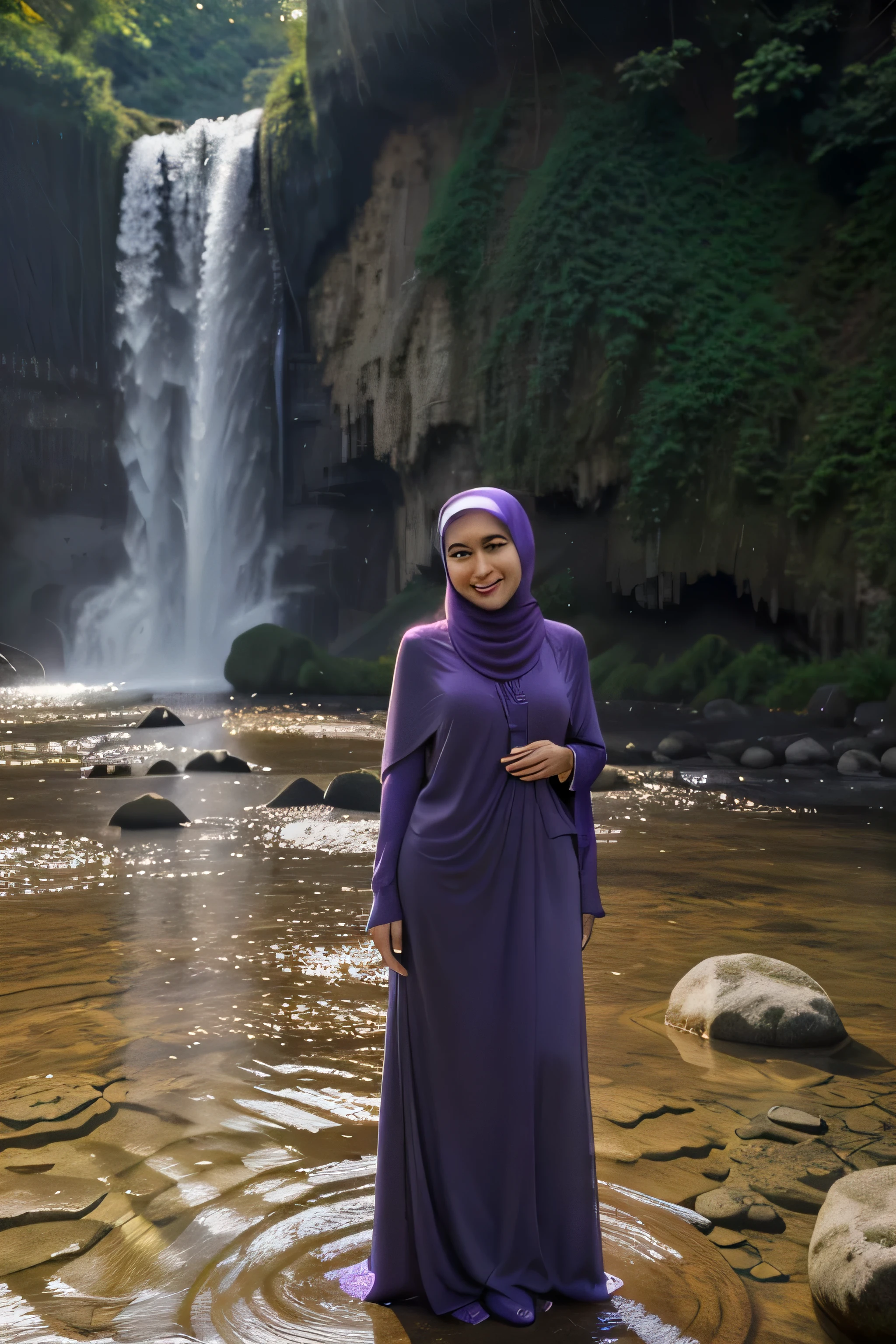 A woman, looking at camera, wearing a hijab, elegant purple motifs, standing on left behind the waterfall, smiling sweetly, smooth light, Natural, beautiful background, peaceful, realistic, photography, real human from asia, UHD 16k, detail photo, detail body, full body, photo on taking above on his front