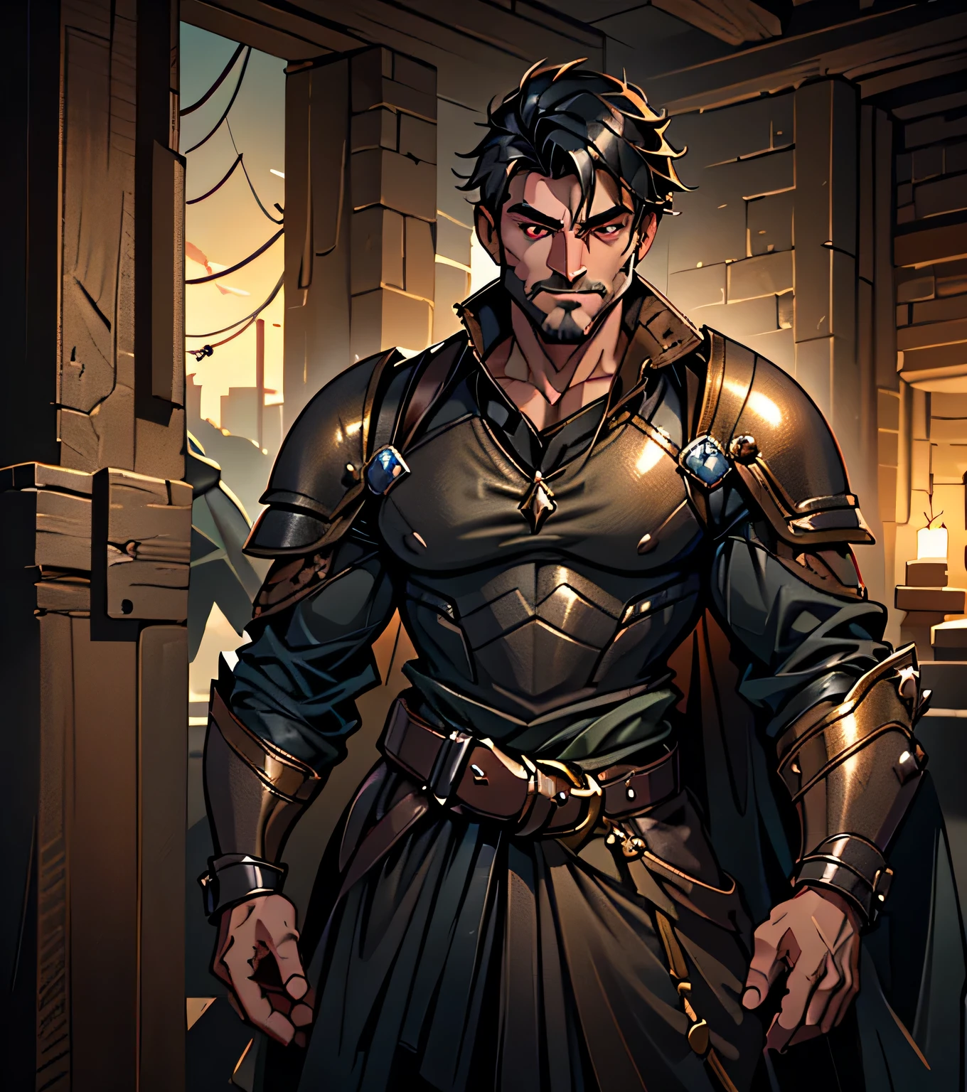 Design a handsome and rowdy male adventurer for Dungeons & Dragons. Dark complexion. Looks like a very attractive male adventurer for a high fantasy setting. Looks like a sexy and mischievous male adventurer for Dungeons & Dragons. Looks like a very sexy hot guy for a medieval fantasy setting. (((Dresses in rugged medieval fantasy attire.))) Looks like a Dungeons & Dragons adventurer, (((very cool and sexy hair style))), (((leather armor))), (((black clothing))), handsome, (((smug and arrogant))), adventurer, pretty eyes, (((sexy eyes))), athletic build, (((excellent physique))), sexy, confident, (((gorgeous face))), gorgeous body, sexy eyes, detailed and intricate, fantasy setting, dungeons & dragons character portrait, fantasy adventurer, fantasy NPC, (((attractive male in his mid 20's))), intricate details, ultra detailed, extremely, ultra detailed clothes, epic masterpiece, ultra detailed, intricate details, hyperdetailed hands trending on Artstation, digital art, unreal engine, 8k, ultra HD, centered image