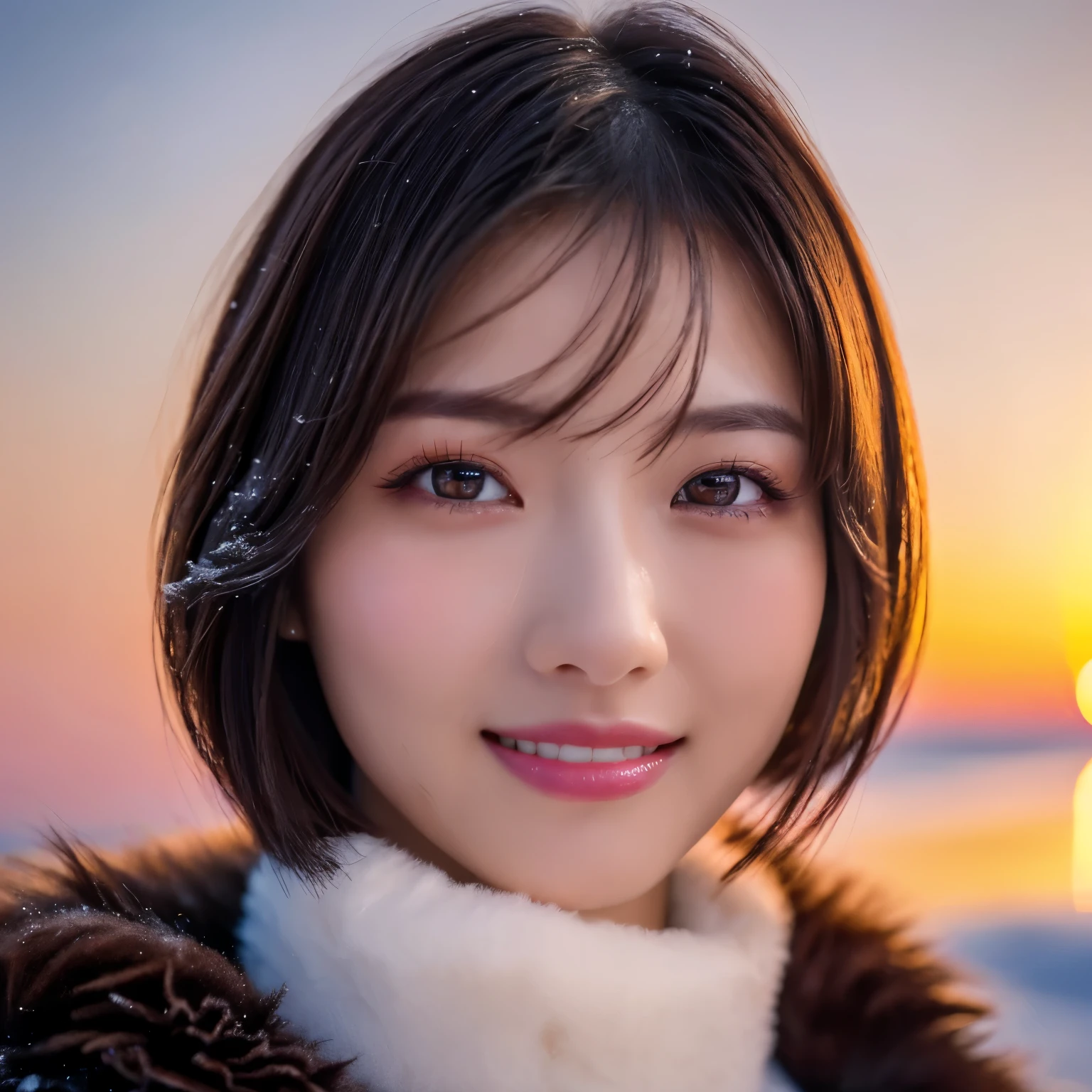 (highest quality、table top、8K、best image quality、Award-winning work)、1 girl、close up of face、smile looking at me、thick coat、Fur hood、perfect and most natural muffler、(frozen snow field in winter:1.1)、Icy ground、(romantic sunset:1.2)、(fantastic starry sky:1.2)、(星空とsunset:1.1)、(It&#39;s snowing:1.1)、(Tyndall effect:1.1)、sunset、epic movie lighting、short hair、(accurate anatomy:1.1)、Ultra high definition beauty face、long eyelashes、natural makeup、ultra high definition hair、ultra high resolution eyes、(Beautiful skin that shines in ultra-high resolution:1.1)、Super high resolution glossy lips