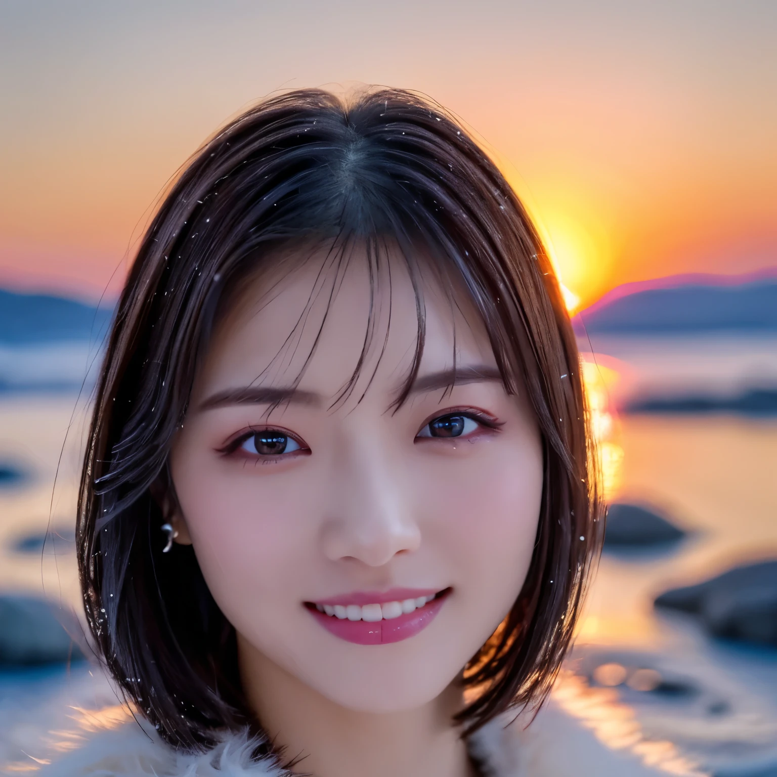 (highest quality、table top、8K、best image quality、Award-winning work)、1 girl、close up of face、smile looking at me、thick coat、Fur hood、perfect and most natural muffler、(frozen snow field in winter:1.1)、Icy ground、(romantic sunset:1.2)、(fantastic starry sky:1.2)、(星空とsunset:1.1)、(It's snowing:1.1)、(Tyndall effect:1.1)、sunset、epic movie lighting、short hair、(accurate anatomy:1.1)、Ultra high definition beauty face、long eyelashes、natural makeup、ultra high definition hair、ultra high resolution eyes、(Beautiful skin that shines in ultra-high resolution:1.1)、Super high resolution glossy lips