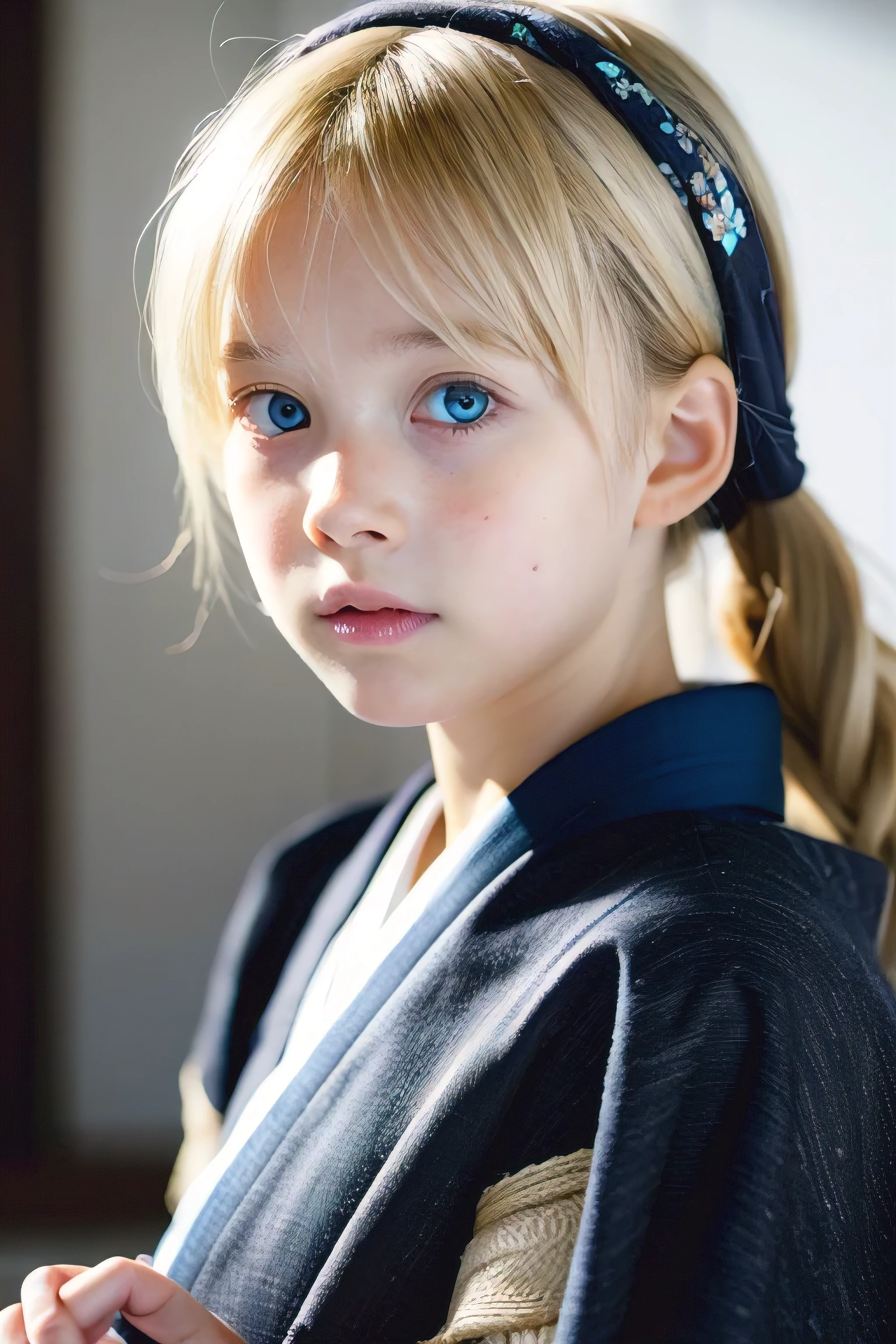 Best quality, facial focus, Soft light, ultra high resolution, (Photorealistic: 1.4), RAW photo, kid japanese girl, extremely blue eyes, straight and very blonde hair, dressed in a dark gray kimono