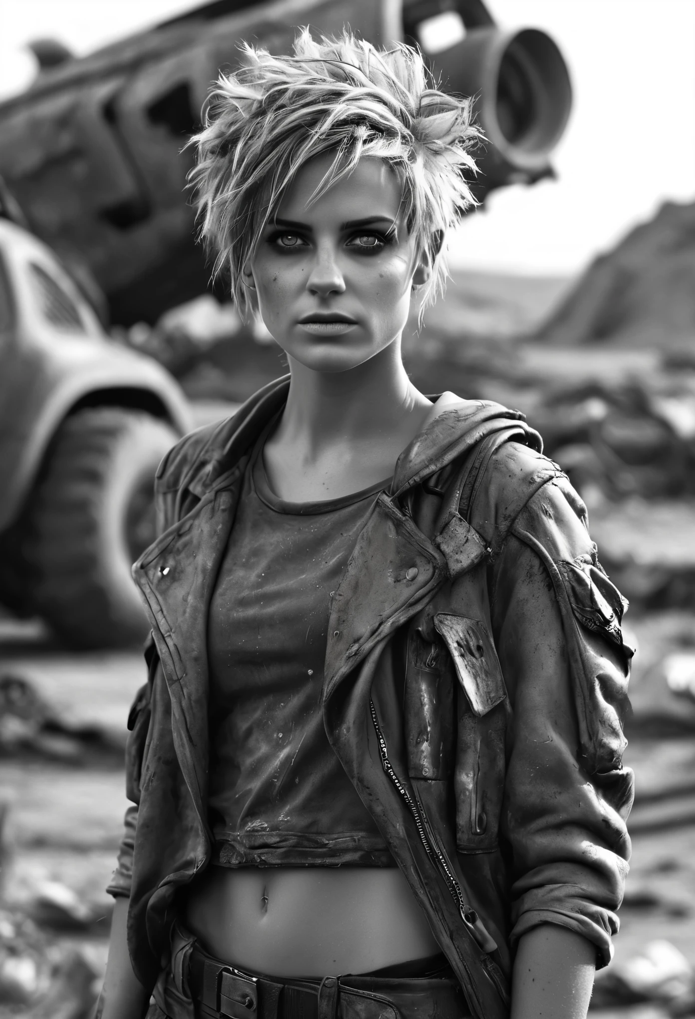 photorealistic, Masterpiece photo in shades of gray, woman with disheveled hair and tiny post-apocalyptic clothes, cute sexy, (Detailed wasteland background), ultra sharp focus, Detailed face, (((posing))), random hair color, short hair, Beautiful eyes, whole body, high quality black and white image