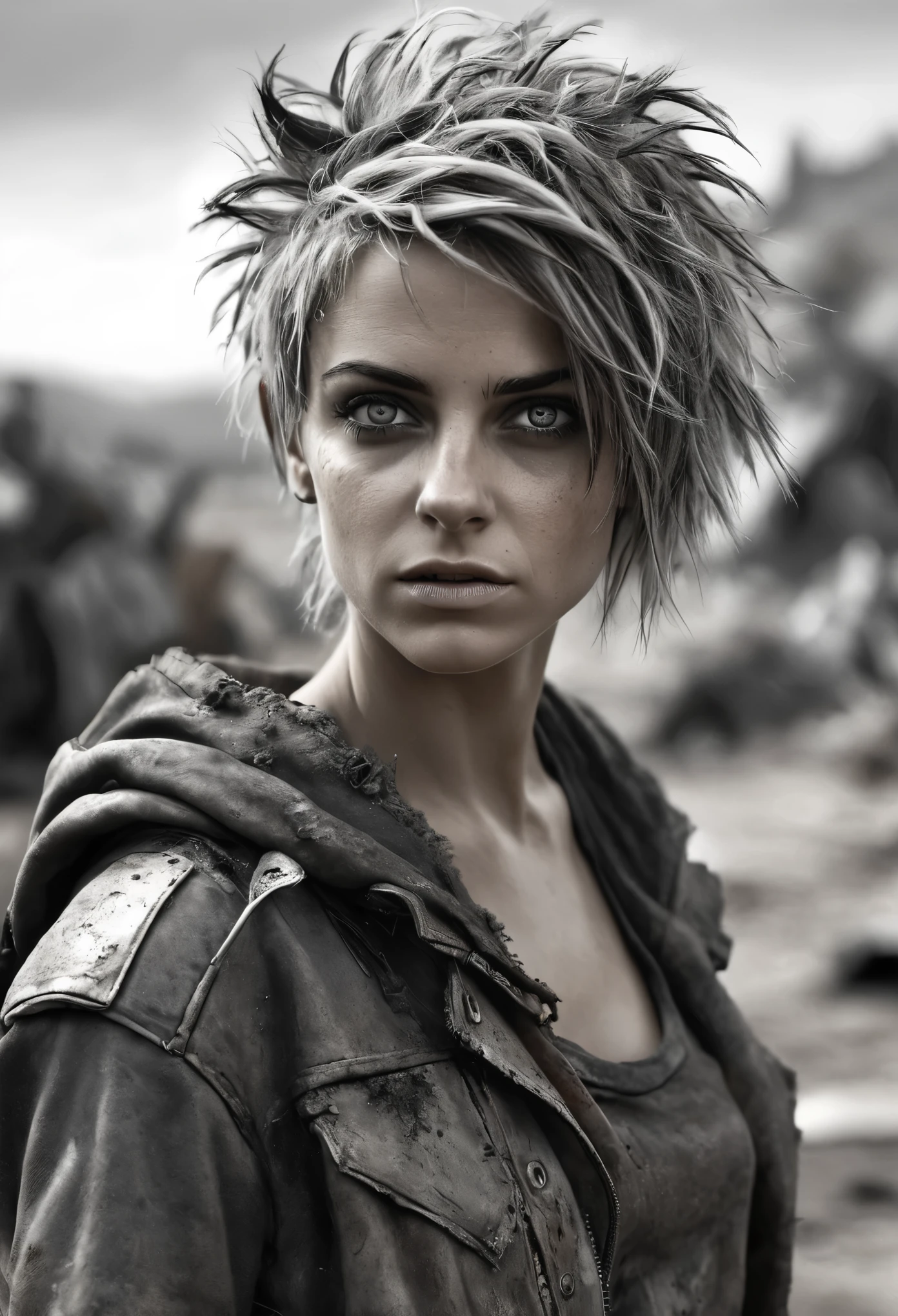 photorealistic, Masterpiece photo in shades of gray, woman with disheveled hair and tiny post-apocalyptic clothes, cute sexy, (Detailed wasteland background), ultra sharp focus, Detailed face, (((posing))), random hair color, short hair, Beautiful eyes, whole body, high quality black and white image